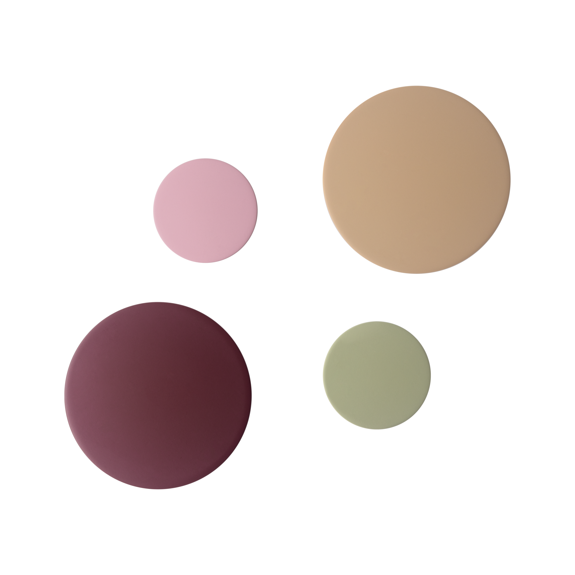 Mehrfarbiges Wandhaken-Set: Zwei große Haken in Beige und Bordeaux, zwei kleine Haken in Rosa und Mintgrün auf weißem Grund.