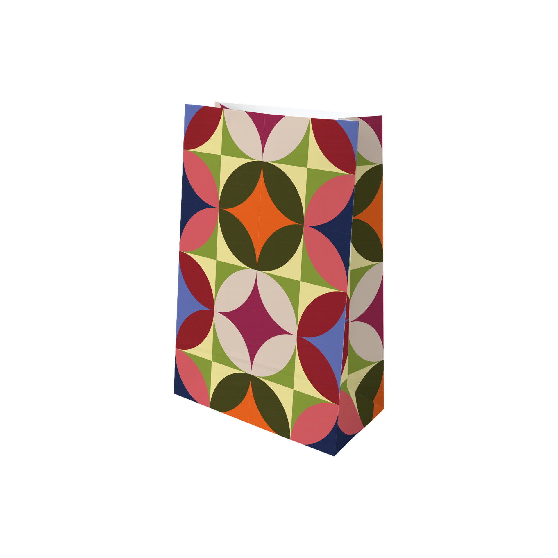 Aufrecht stehende Papiertüte mit lebhaftem, farbenfrohem geometrischen Muster aus überlappenden Kreisen und Quadraten in Dunkel-/Hellblau, Rot, Pink, Oliv-/Hellgrün, Orange, Magenta und Beige. Ideal als Adventskalender-Tüte.