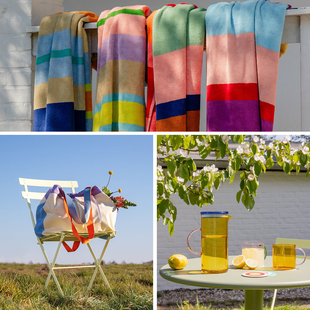 Drei sommerliche Szenen: Oben hängen bunte gestreifte Strandtücher an einer weißen Leiste. Unten links steht eine helle Blumentragetasche auf einem Klappstuhl im Gras. Unten rechts: Karaffe und Gläser mit Zitronen auf grünem Tisch.