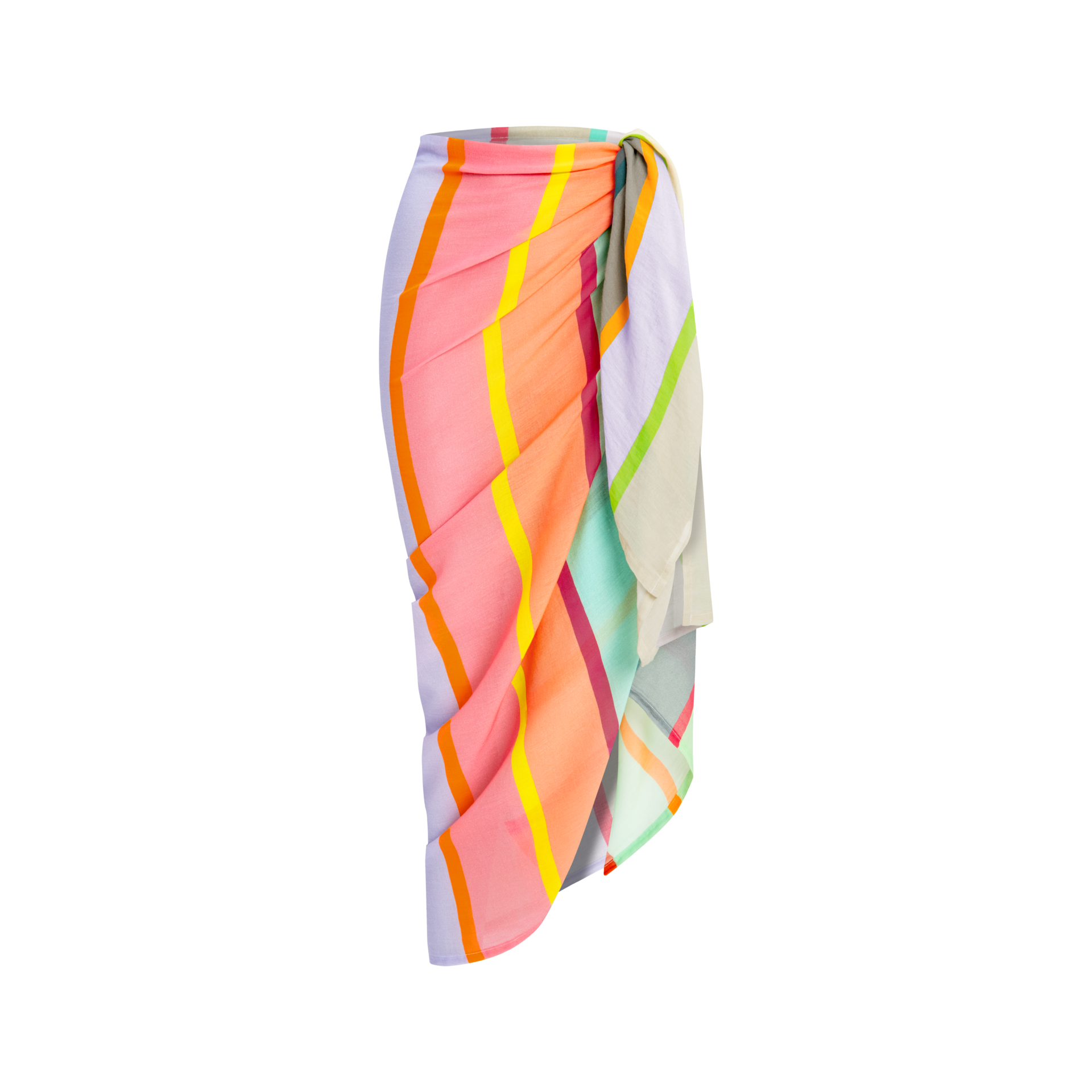Gestreifter Pareo 'Maritimo' in Wickeltechnik. Farbenfrohes Tuch mit Knoten, als Rock drapiert. Streifen in Rosa, Orange, Gelb, Lila und Grün.