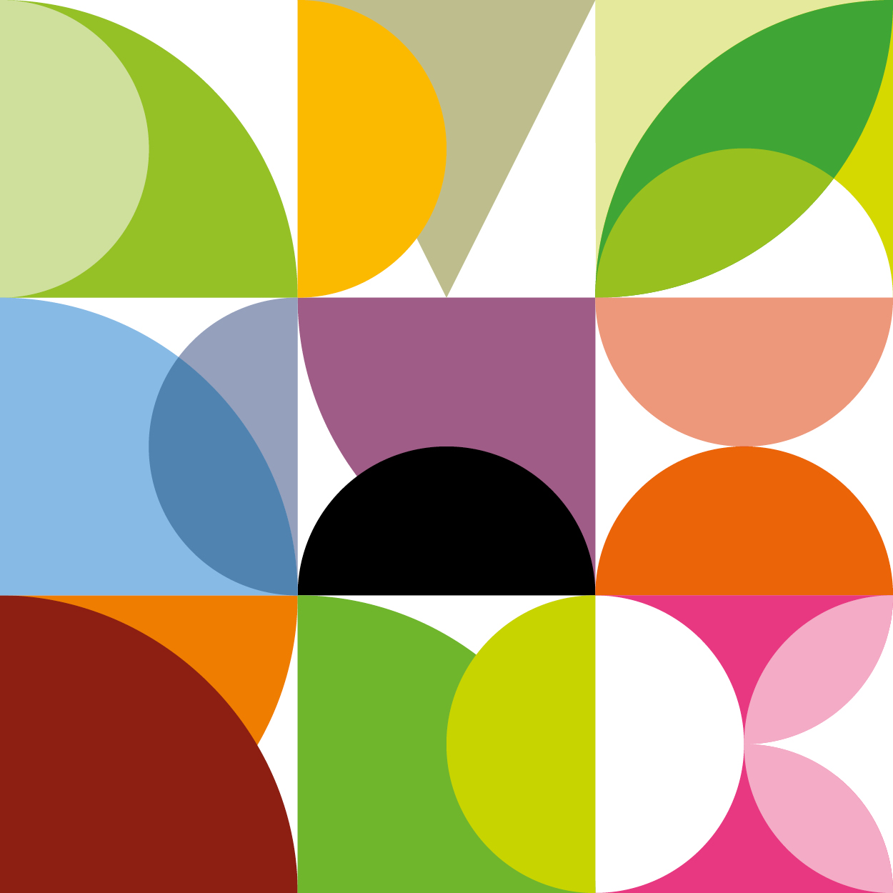 Abstraktes Muster mit bunten Halbkreisen, Kreisen und Dreiecken in einer 3x3-Rasteranordnung auf weißem Hintergrund. Farben: Grün, Gelb, Blau, Rot, Schwarz, Rosa, Lila.