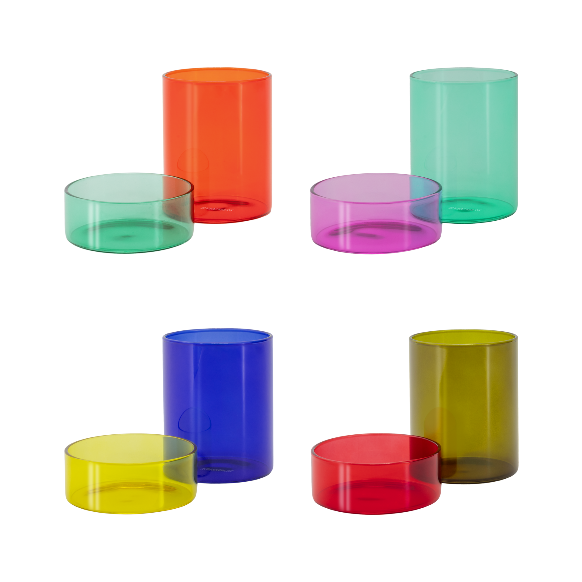 Mehrfarbiges 'Cosima' Glasdosen-Set: jeweils ein hohes und ein niedriges, zylindrisches Glasgefäß in Rot, Grün, Lila, Blau, Gelb und Olivgrün.