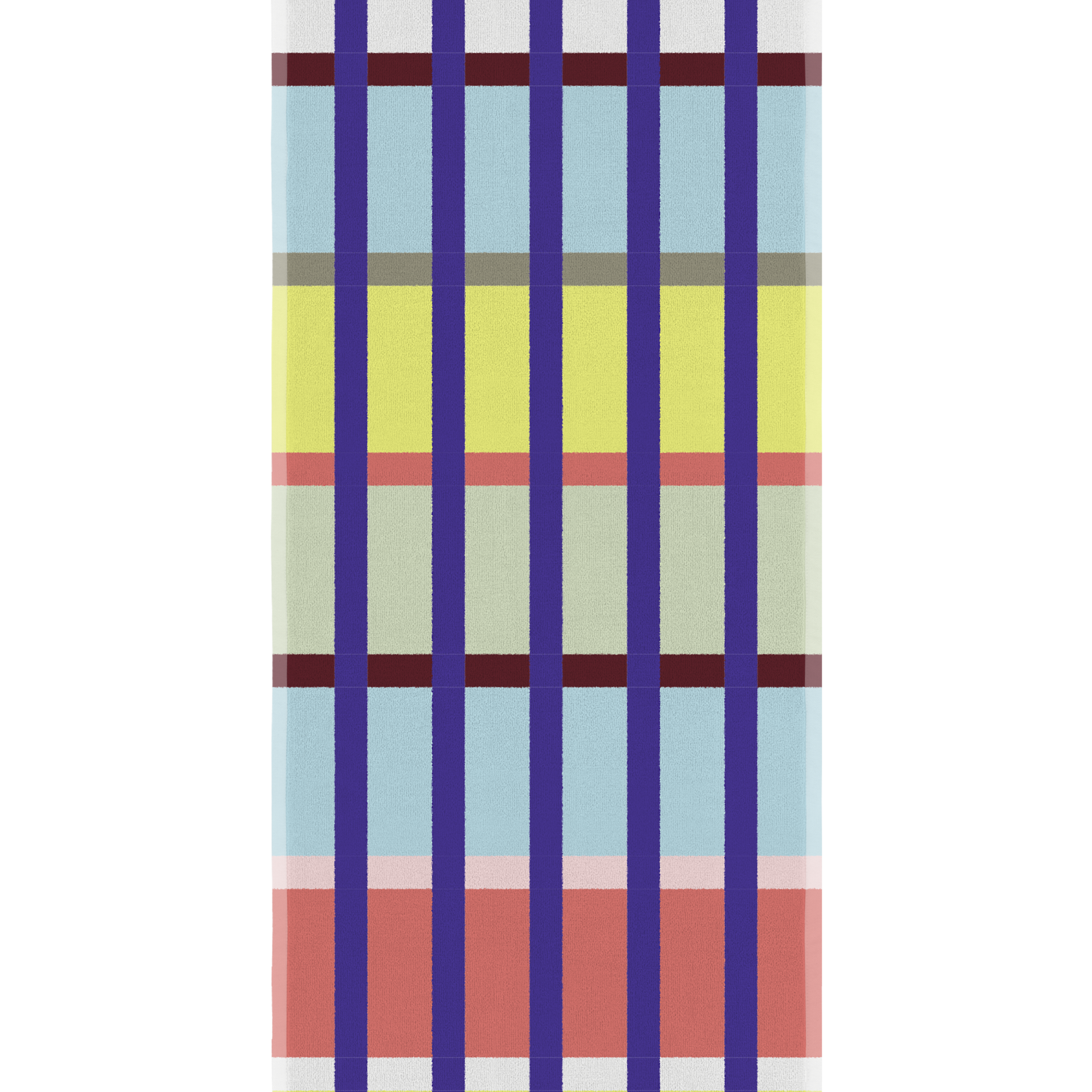 Serviette de bain Yoku à carreaux colorés. Larges rayures verticales bleu foncé croisées avec des bandes horizontales blanches, bleu clair, jaunes, rouge-orange et vert-beige. Coton moelleux, très grande et absorbante.