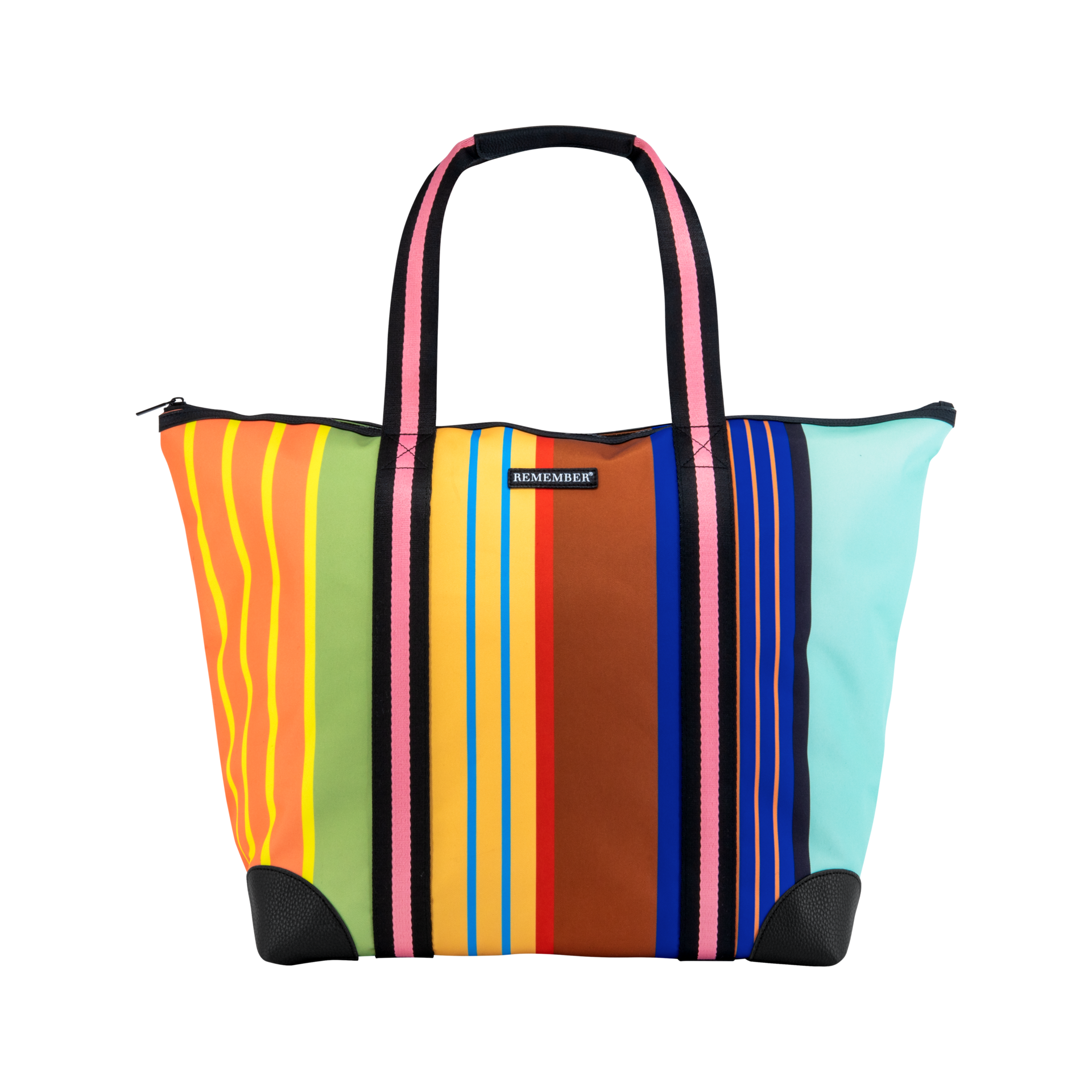 Bunte Shopper 'Barcelona' Tragetasche mit Streifenmuster und schwarzen Tragegriffen, Lederimitat am Boden.