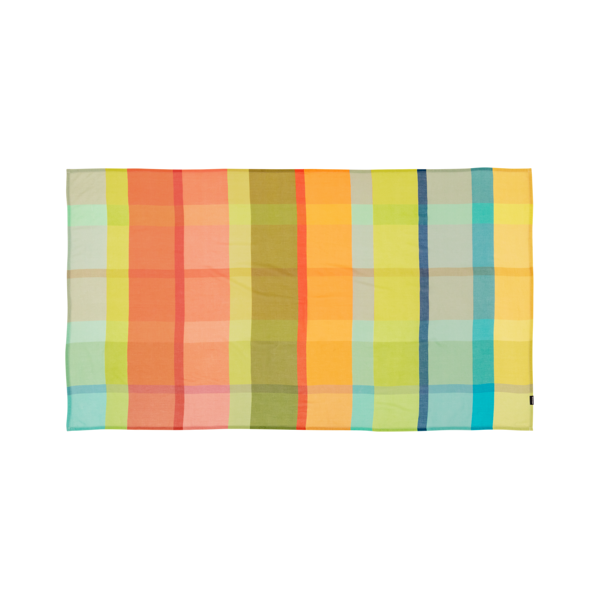 Ein kariertes Tuch mit bunten Streifen in Orange, Grün, Gelb, Blau und Türkis. Die Farben sind hell und lebendig.
