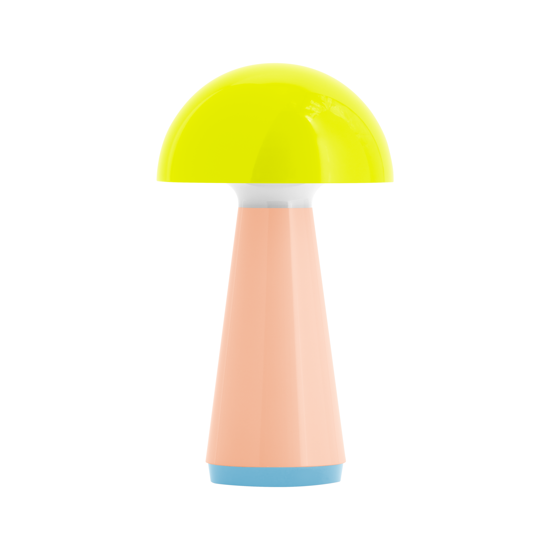 Freistehende Tischleuchte 'Bob' in Limettengrün, Pfirsich und Blau. Pilzförmiger Schirm, konischer Fuß, minimalistisches Design.