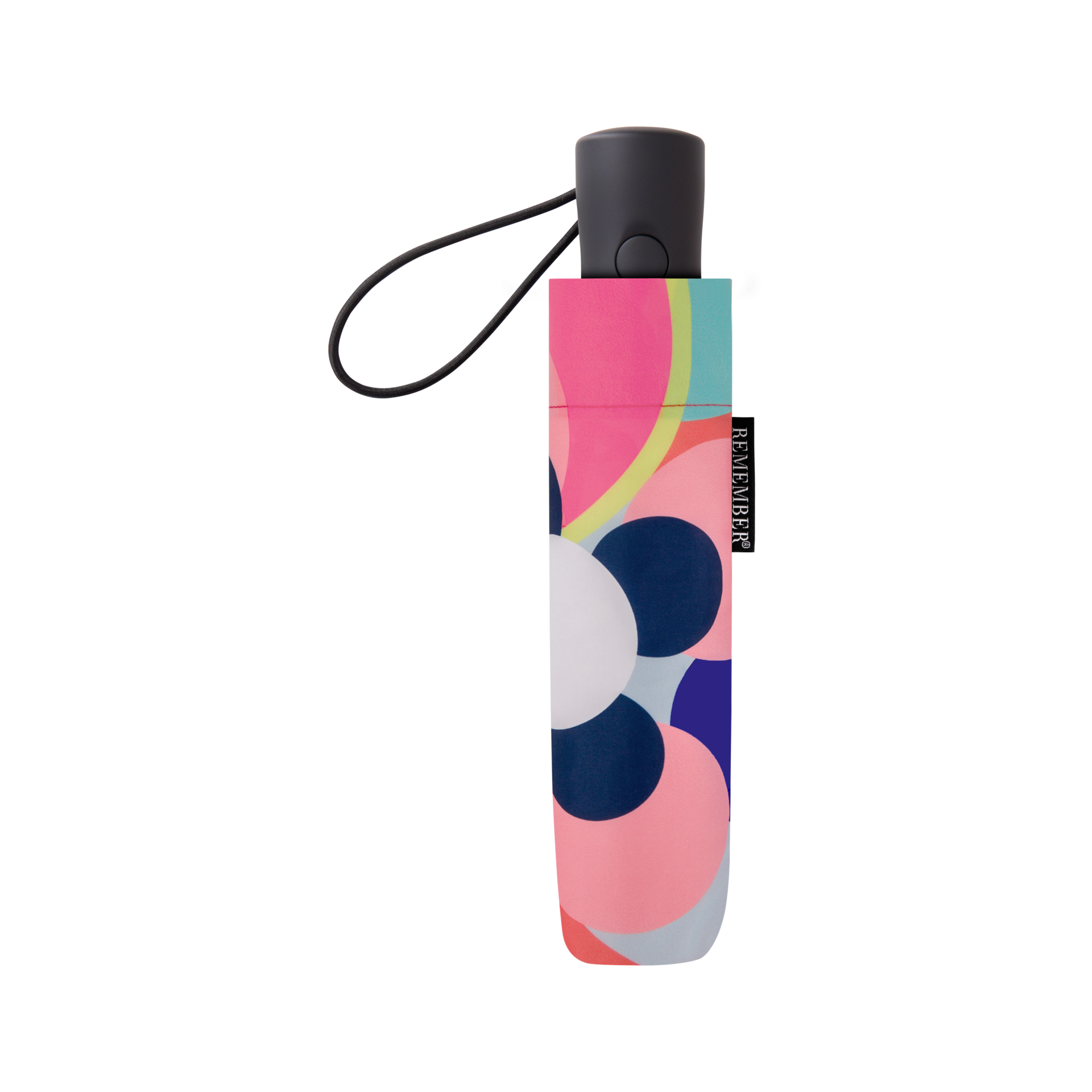 Geschlossener Taschenschirm 'Sushi' mit bunten Kreisen, Handschlaufe und Knopf zum Öffnen/Schließen.