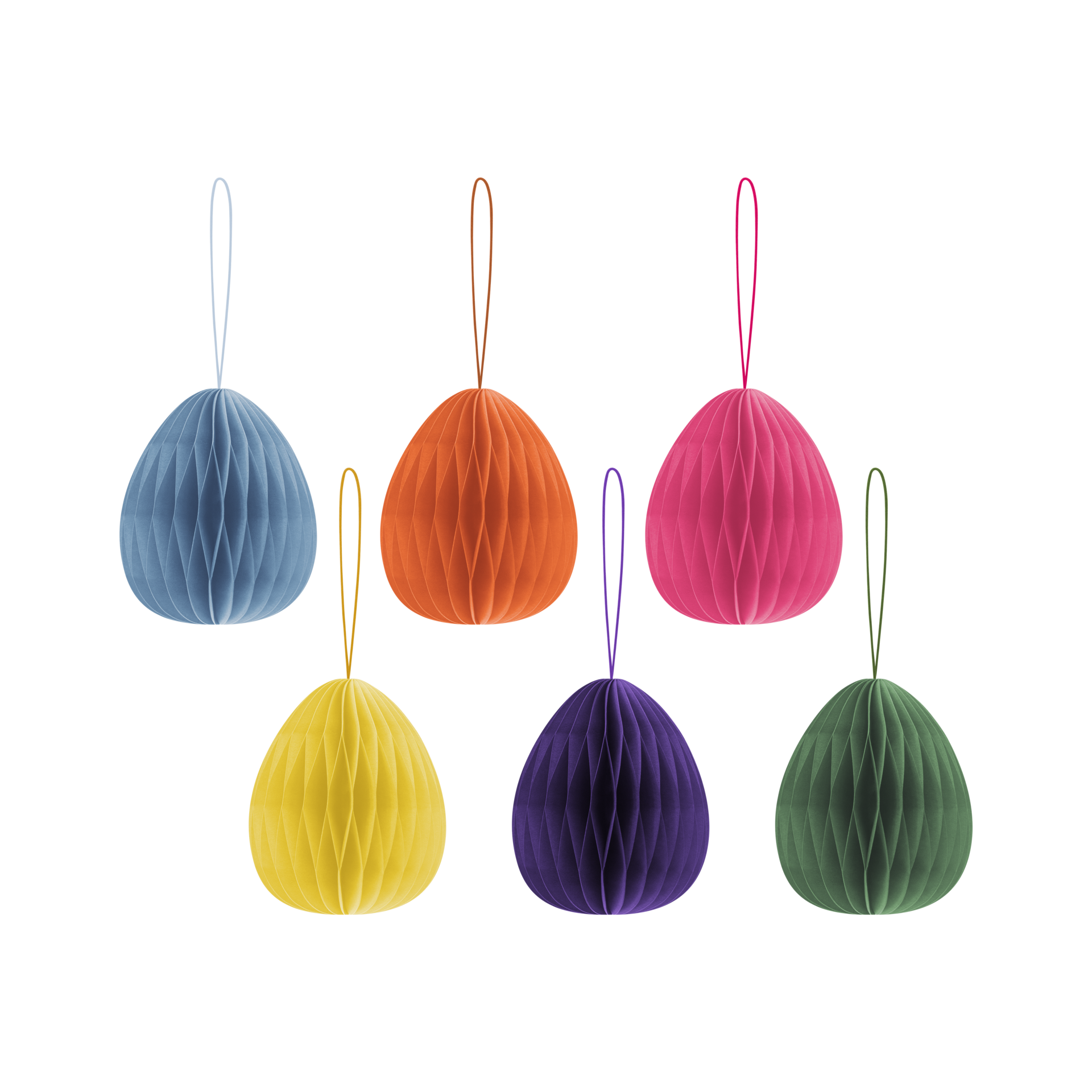 Sechs ovale Baumschmuck-Anhänger in Blau, Orange, Pink, Gelb, Lila und Grün mit Aufhängeschlaufen.