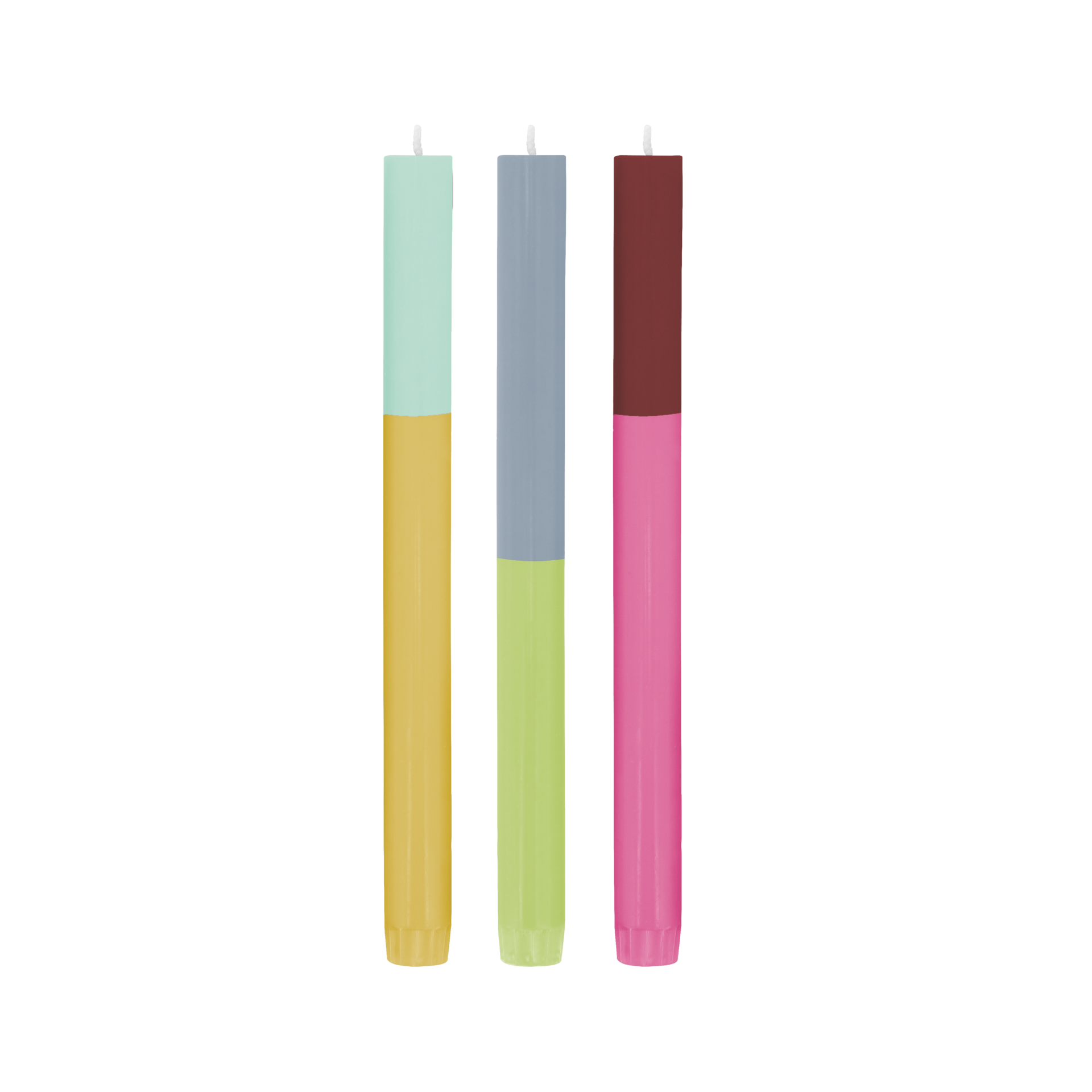 Trois bougies 'Palma' en design color-blocking. Les couleurs sont jaune/menthe, vert/gris, rose/rouge vin.
