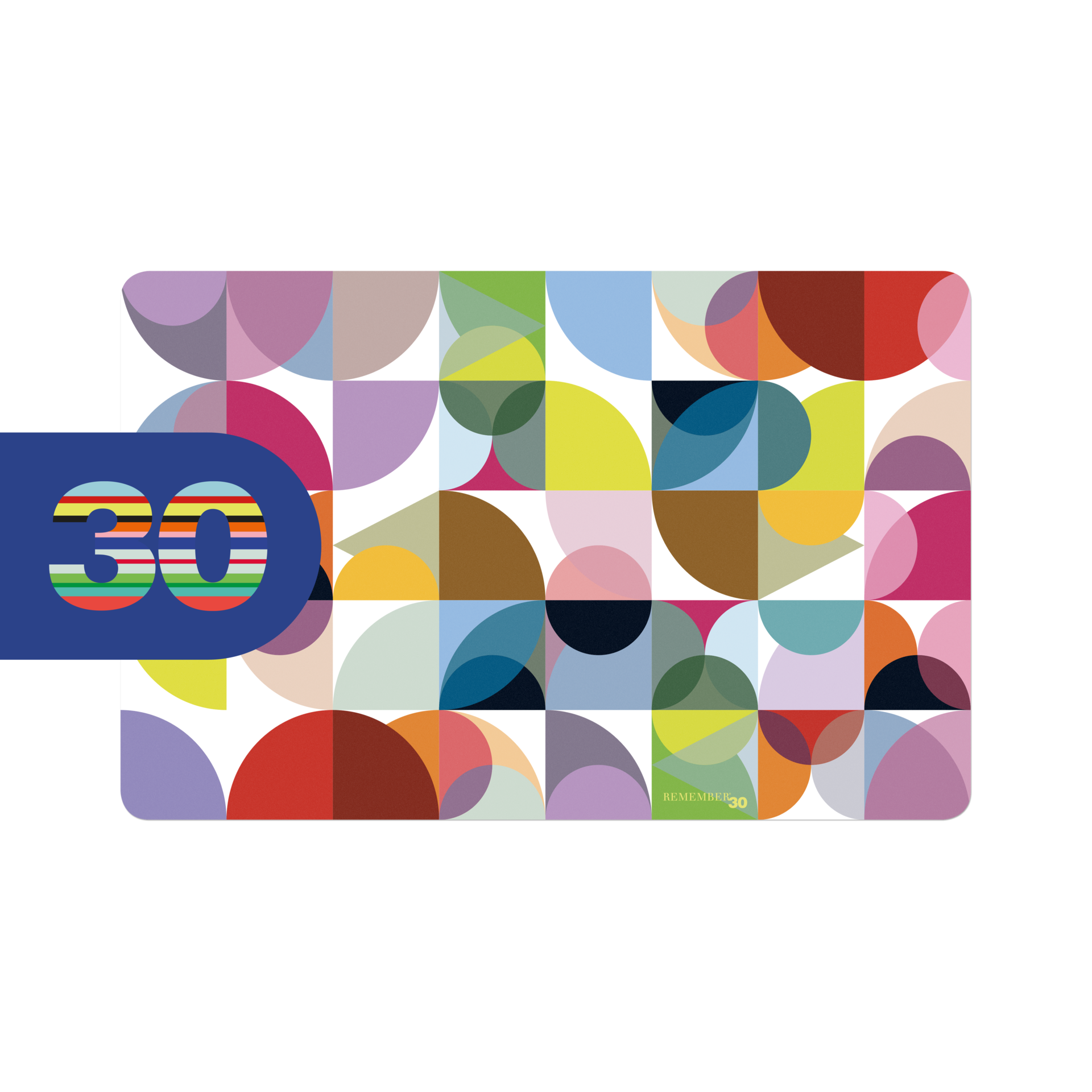Tischset 'Remember 30' mit geometrischem Muster aus farbigen Halbkreisen. '30' Logo mit bunten Streifen.