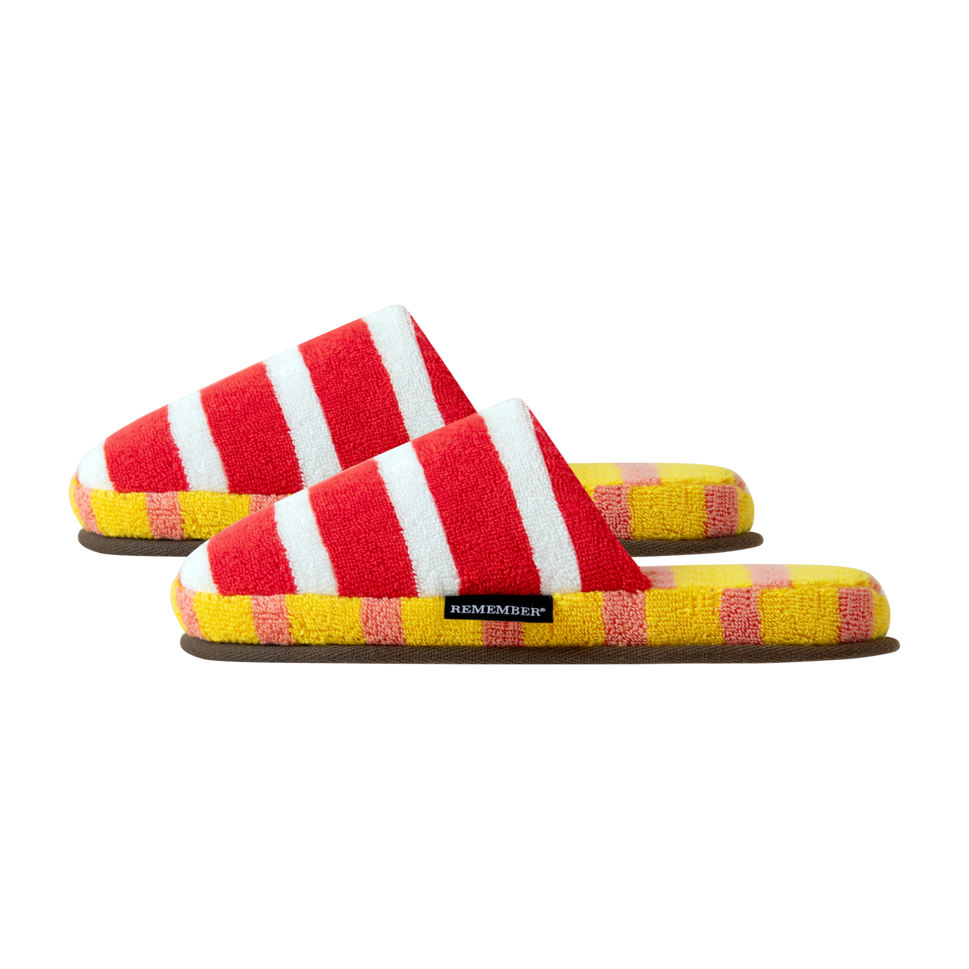 Ein Paar rote 'Mello' Slipper mit weißen Streifen und gelb-rosa karierter Sohle.
