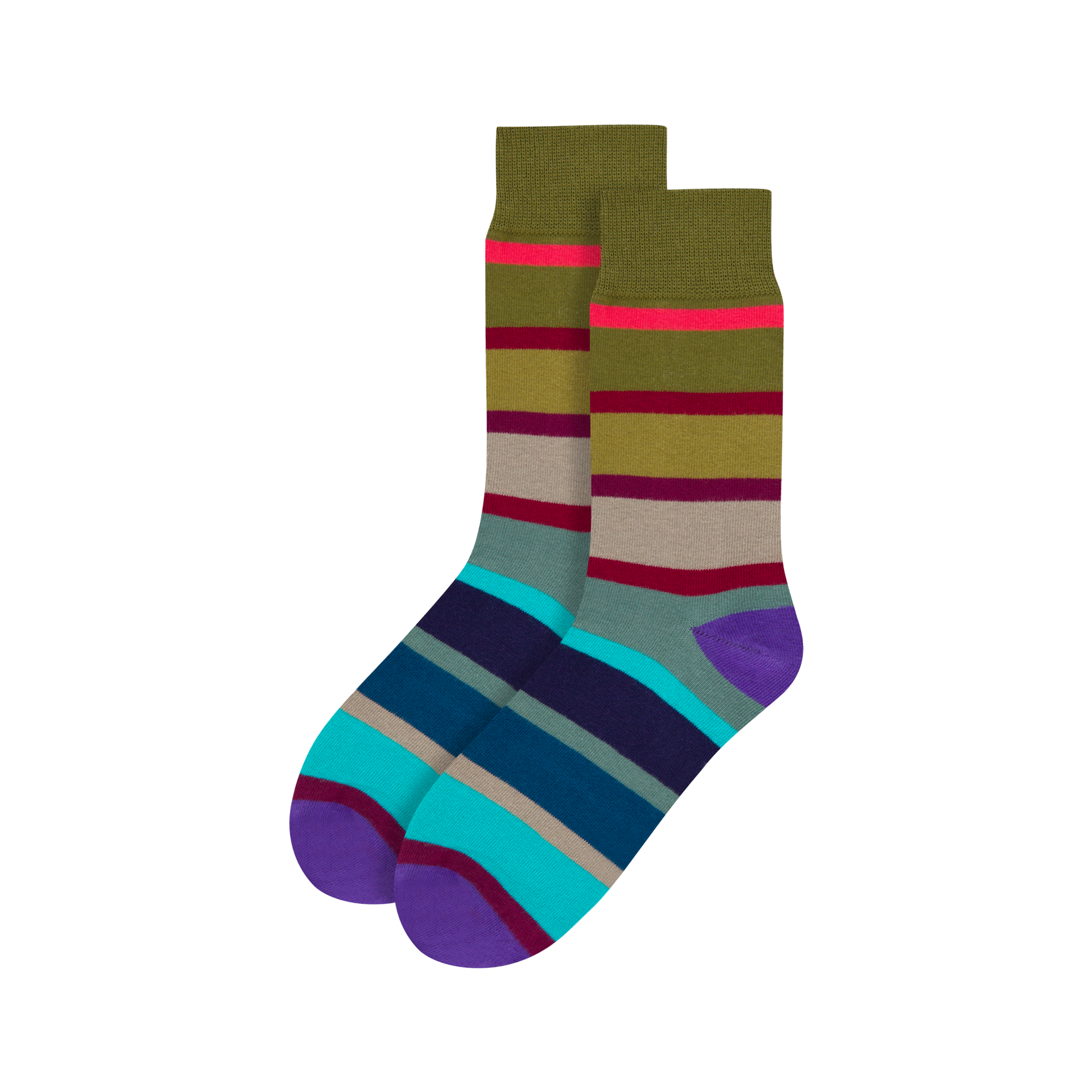 Zwei farbenfrohe Socken mit Ringel-Muster in Olivgrün, Türkis, Blau, Lila, Beige und Rot. Die Socken sind übereinander gelegt.