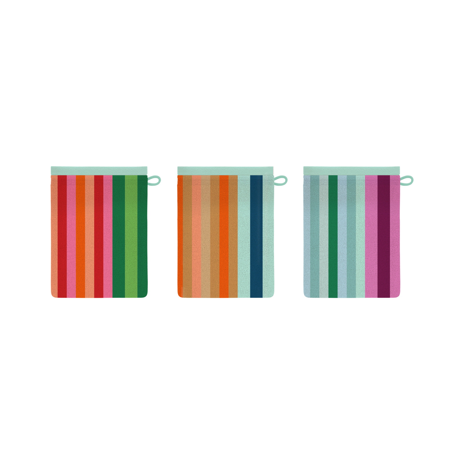 Lot de 3 gants de toilette Milo colorés et rayés sur fond blanc. Chaque gant, doux pour la peau, a un bord vert menthe avec boucle de suspension. Rayures verticales en tons chauds, terreux et froids.