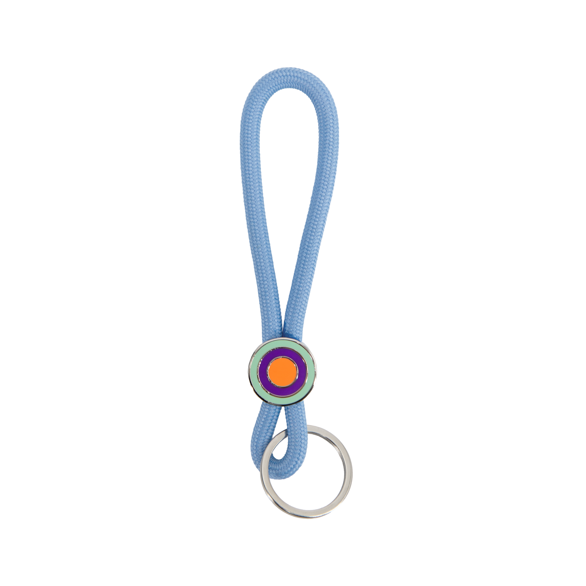 Blauer Schlüsselanhänger Ringo mit farbigem Emblem und Schlüsselring.