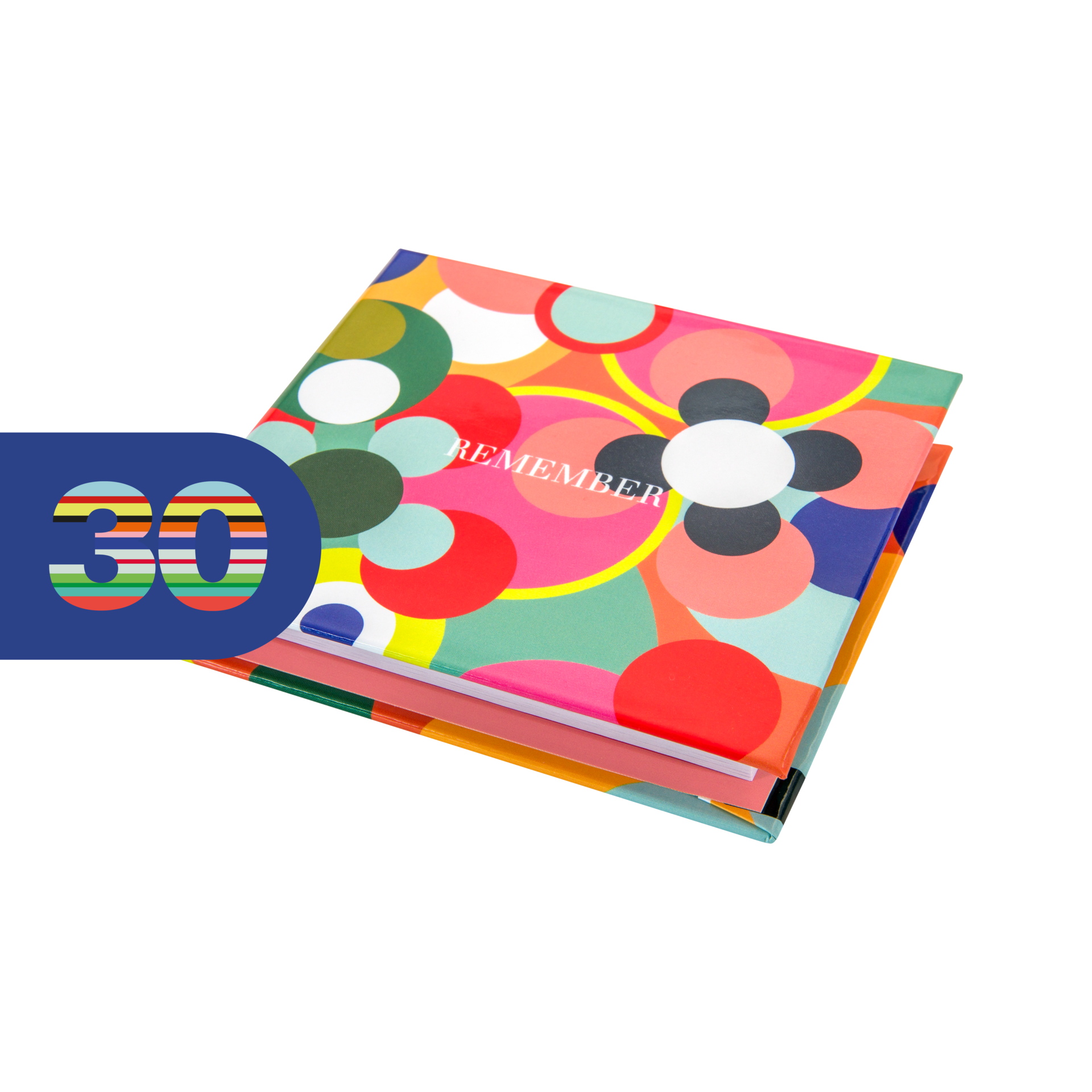 Lot de blocs-notes autocollants Memolino multicolores. En haut, un motif abstrait et dynamique de cercles colorés rose, vert, orange, rouge, jaune et bleu. Au centre, l'inscription «REMEMBER». À gauche, le chiffre « 30 » en bleu.