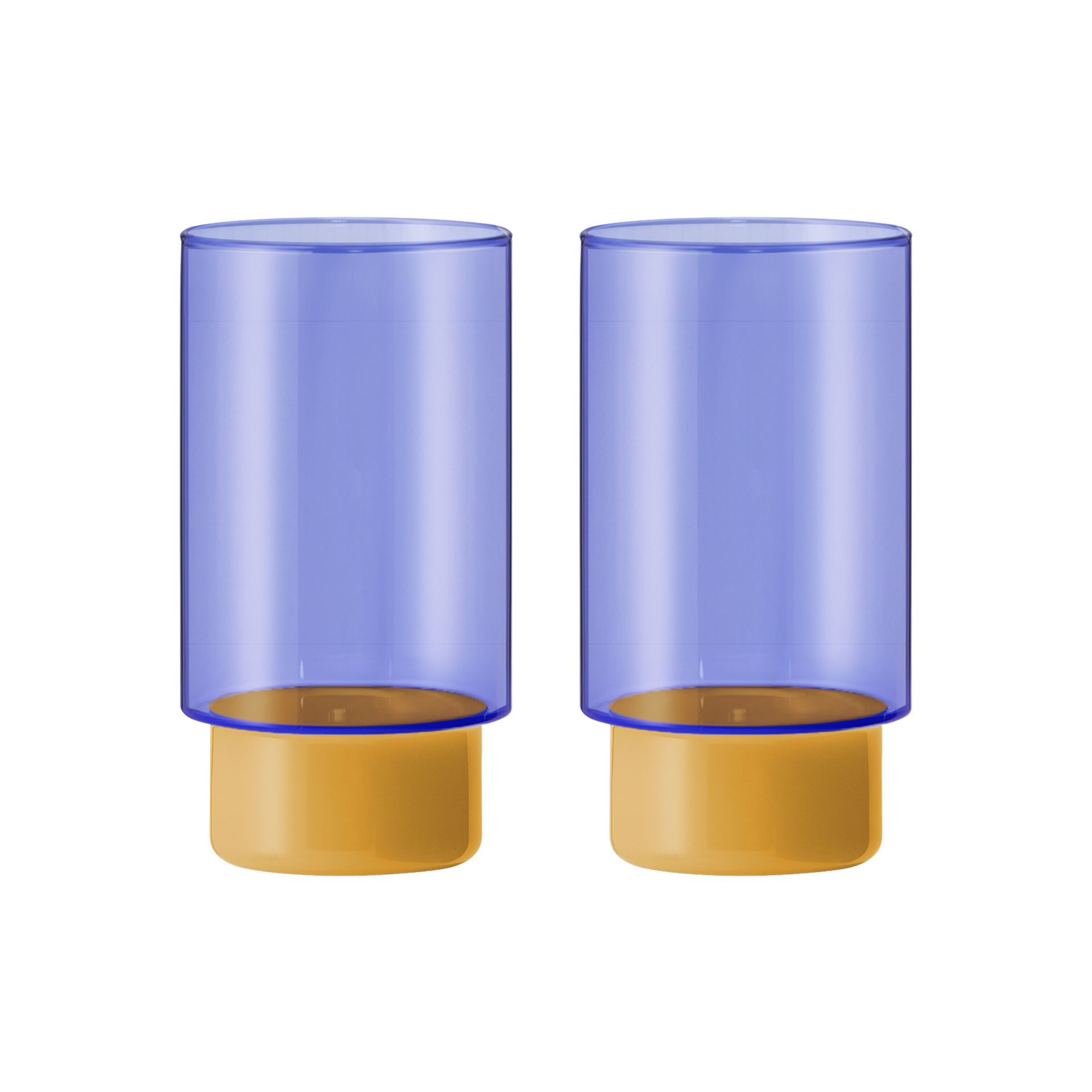 Zwei hohe zylindrische Jill Gläser (350 ml) stehen nebeneinander. Der obere Bereich ist durchscheinend blau, der untere dickere Sockel in mattem Ocker, ideal für Getränke aller Art.