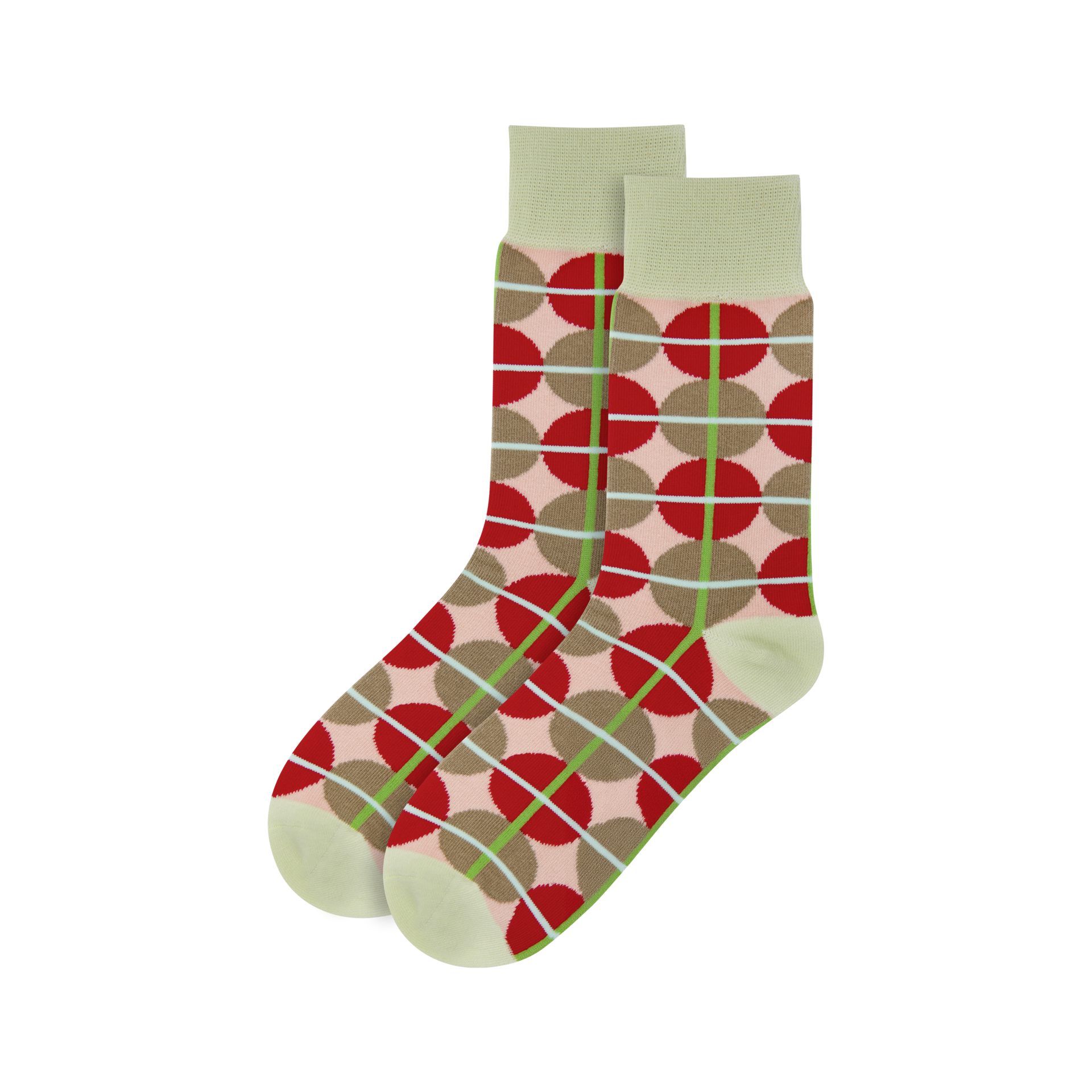 Zwei Socken Modell 76, hellgrüner Bund, Muster aus Kreisen in Rot und Braun, verbunden durch hellblaue und grüne Linien.
