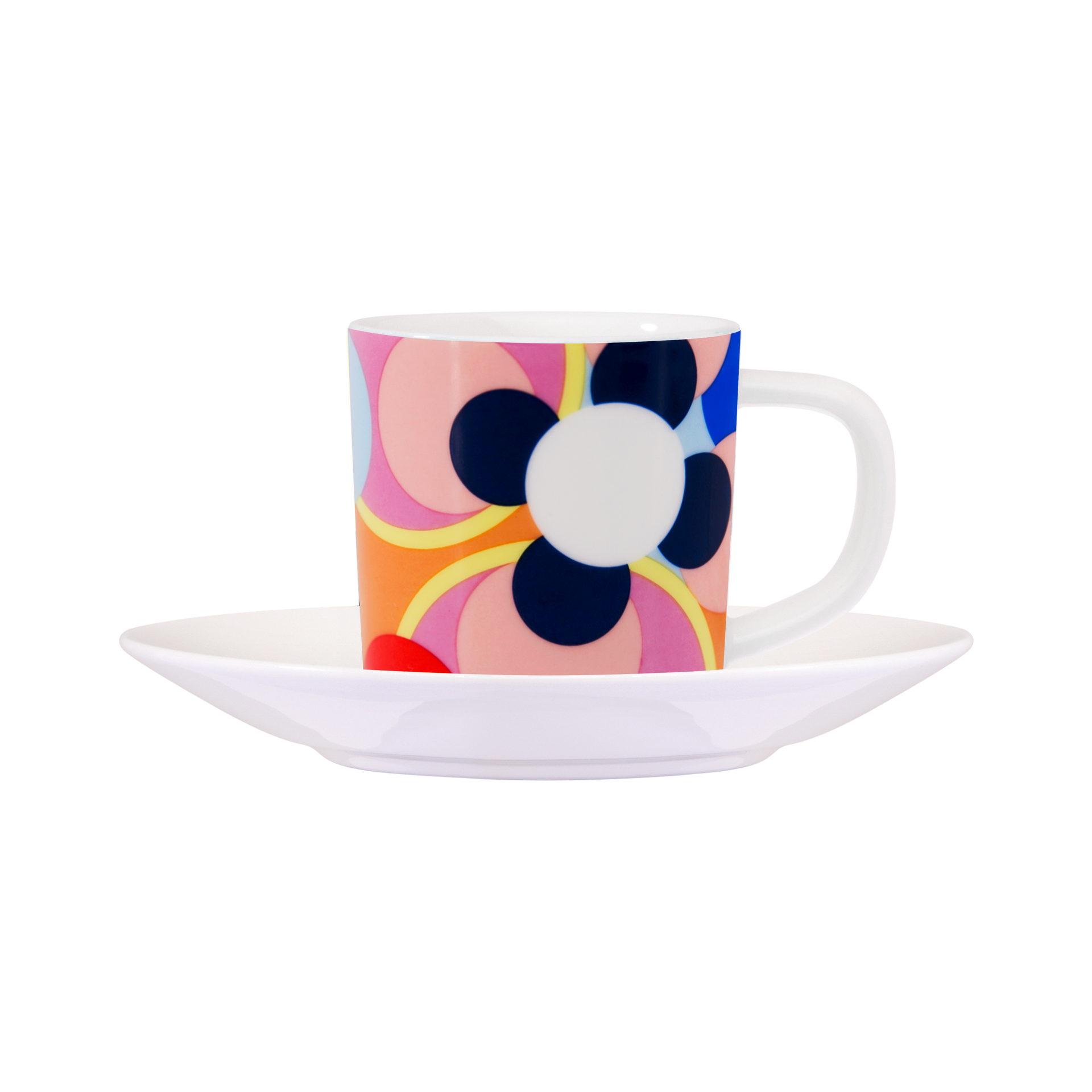 Espressotasse 'Sushi' mit Unterteller. Buntes Blumenmuster in Rosa, Blau, Gelb, Schwarz. Porzellan, freigestellt.