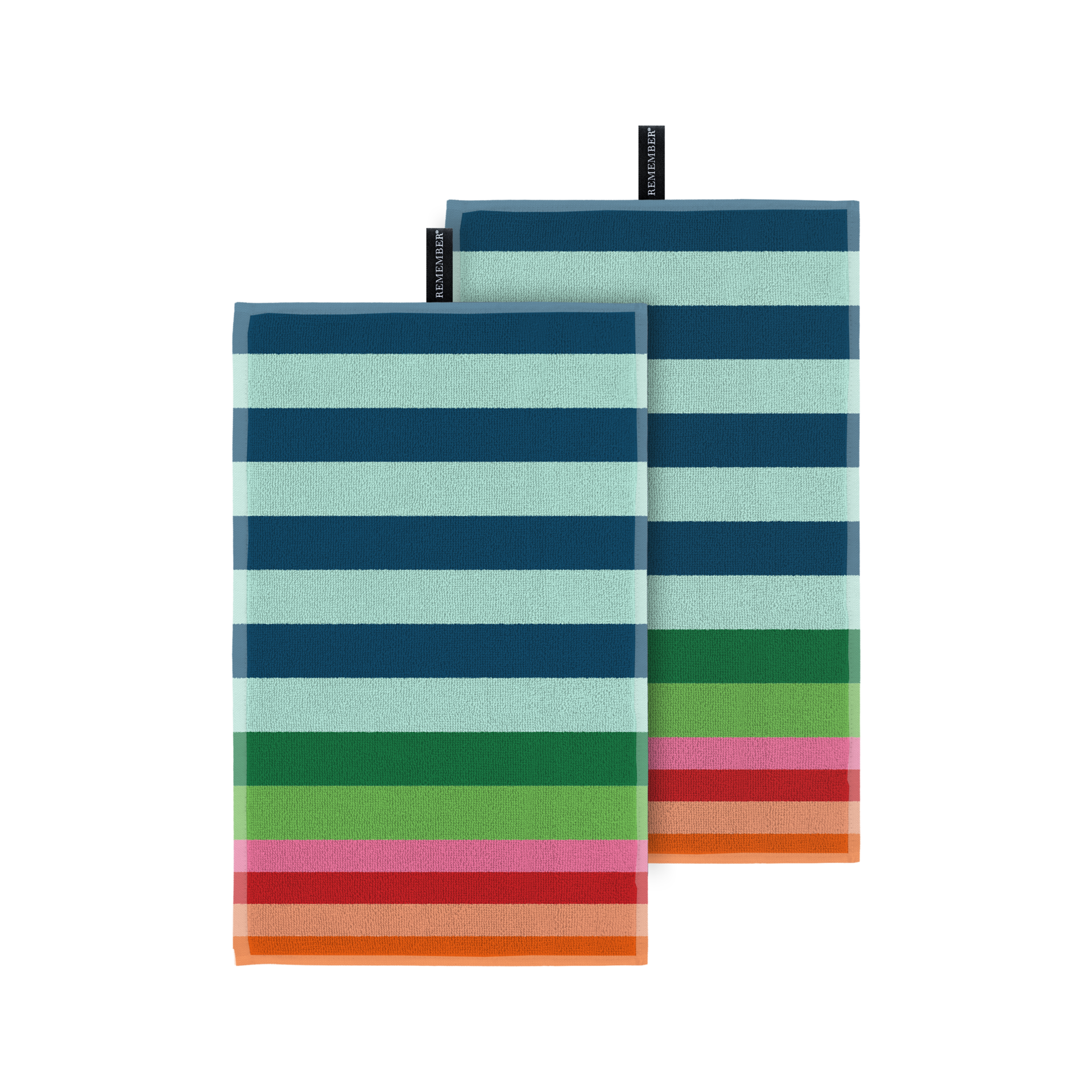 Deux serviettes d'invités pliées, motif Milo, disposées en diagonale l'une sur l'autre. Rayures horizontales aux couleurs vives : bleu foncé/clair, vert foncé/clair, rose, rouge, orange. Boucle noire et logo « REMEMBER ».