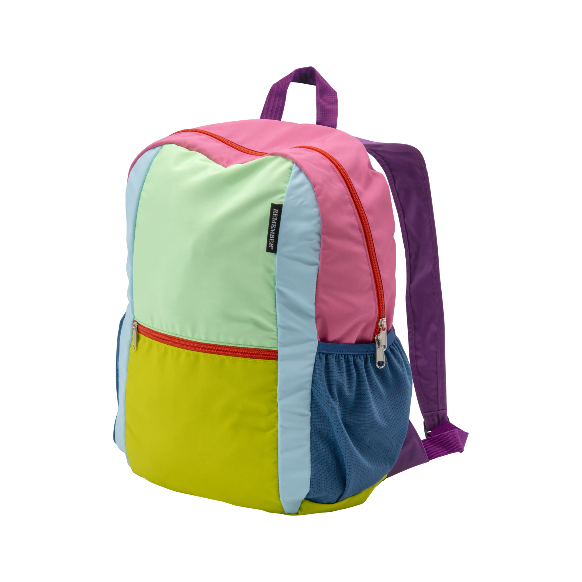 Sac à dos pliable aux couleurs vives, au motif à blocs, en polyester, avec des empiècements rose, vert clair, bleu clair et vert citron. Fermetures éclair rouges sur le compartiment principal et la poche avant, poche latérale en filet bleu foncé.