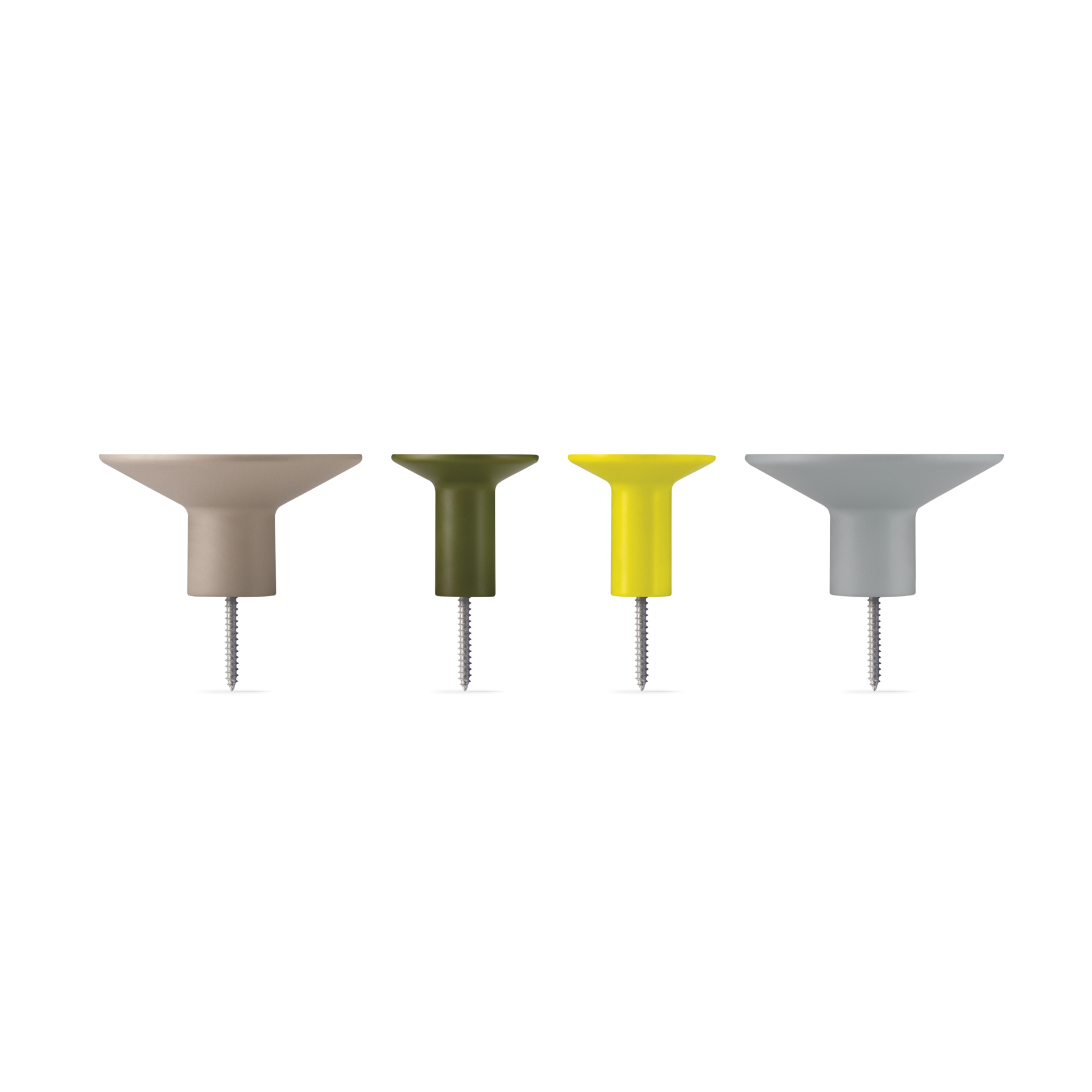 Vier Wandhaken 'Tulip' in Beige, Oliv, Gelb und Grau mit je einer Schraube, nebeneinander aufgereiht vor weißem Hintergrund.