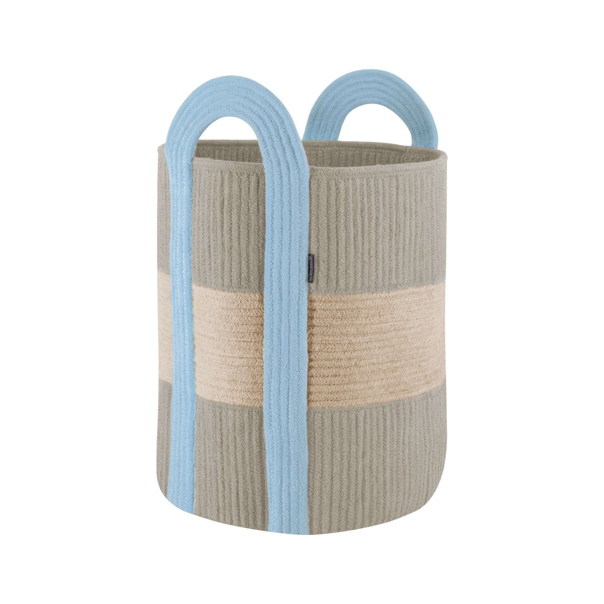 Grauer Korb 'Colombo' mit hellem Streifen, blaue Henkel. Geflochtene Optik, zylindrische Form.