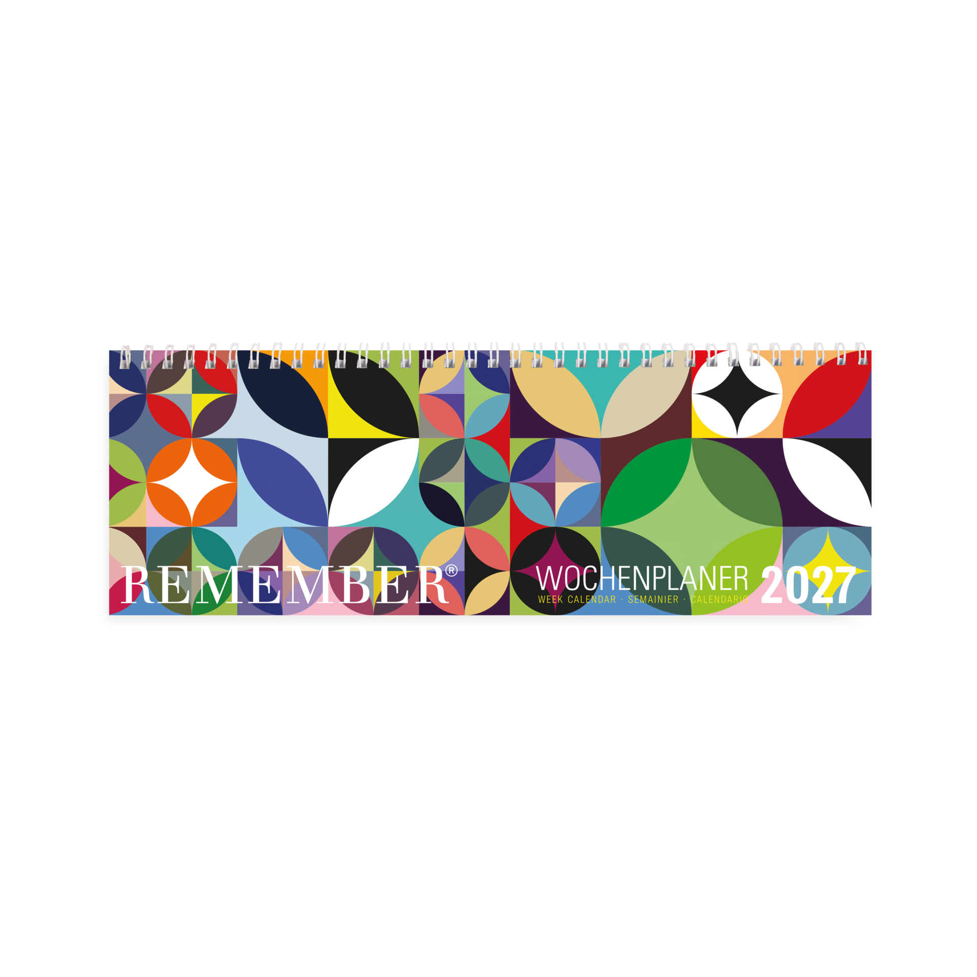 Agenda hebdomadaire coloré 2027 à reliure spirale en haut, idéal pour gérer vos rendez-vous sur votre bureau. Couverture : motif abstrait de formes géométriques bleues, vertes, rouges et jaunes. Texte blanc : «REMEMBER» et «AGENDA HEBDOMADAIRE 2027».