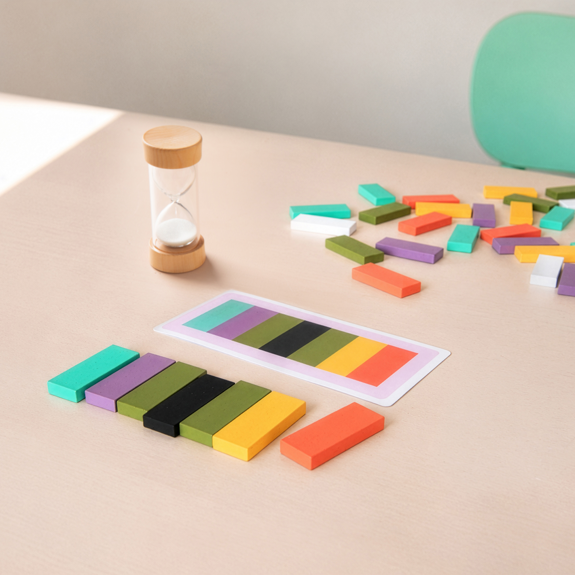 Jeu de mémoire Rigato sur une table en bois : une carte d'activité indique une séquence de couleurs (bleu clair, violet, vert olive, noir, jaune, orange), reproduite à l'aide de jetons en bois. À côté se trouvent d'autres jetons et un sablier.