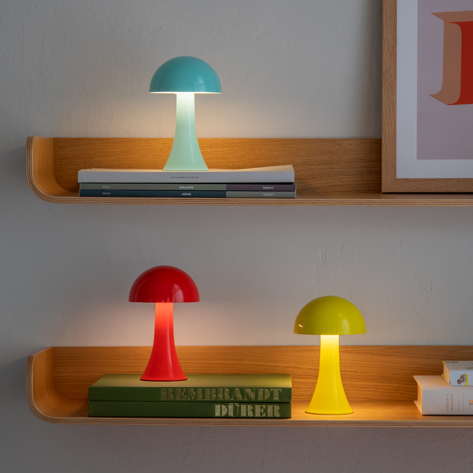 Zwei Holzregale mit Büchern. Auf dem oberen Regal eine türkisblaue Lampe, auf dem unteren eine rote und eine gelbe Lampe. Die Lampen sind pilzförmig und beleuchtet.