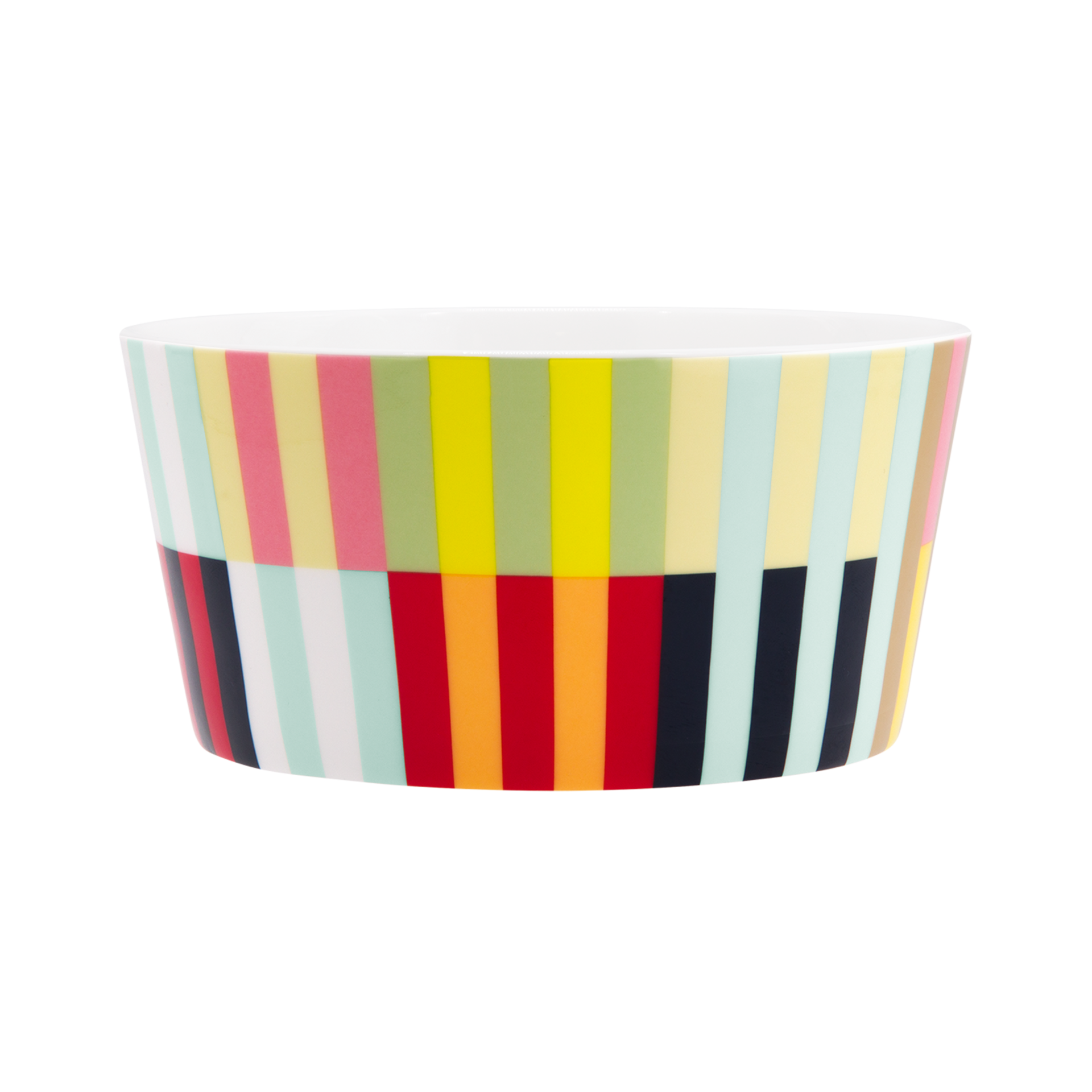 Eine Müslischale aus der 'Havanna' Kollektion mit bunten, vertikalen Streifen in Gelb, Grün, Rosa, Rot, Orange, Schwarz und Türkis vor weißem Hintergrund.
