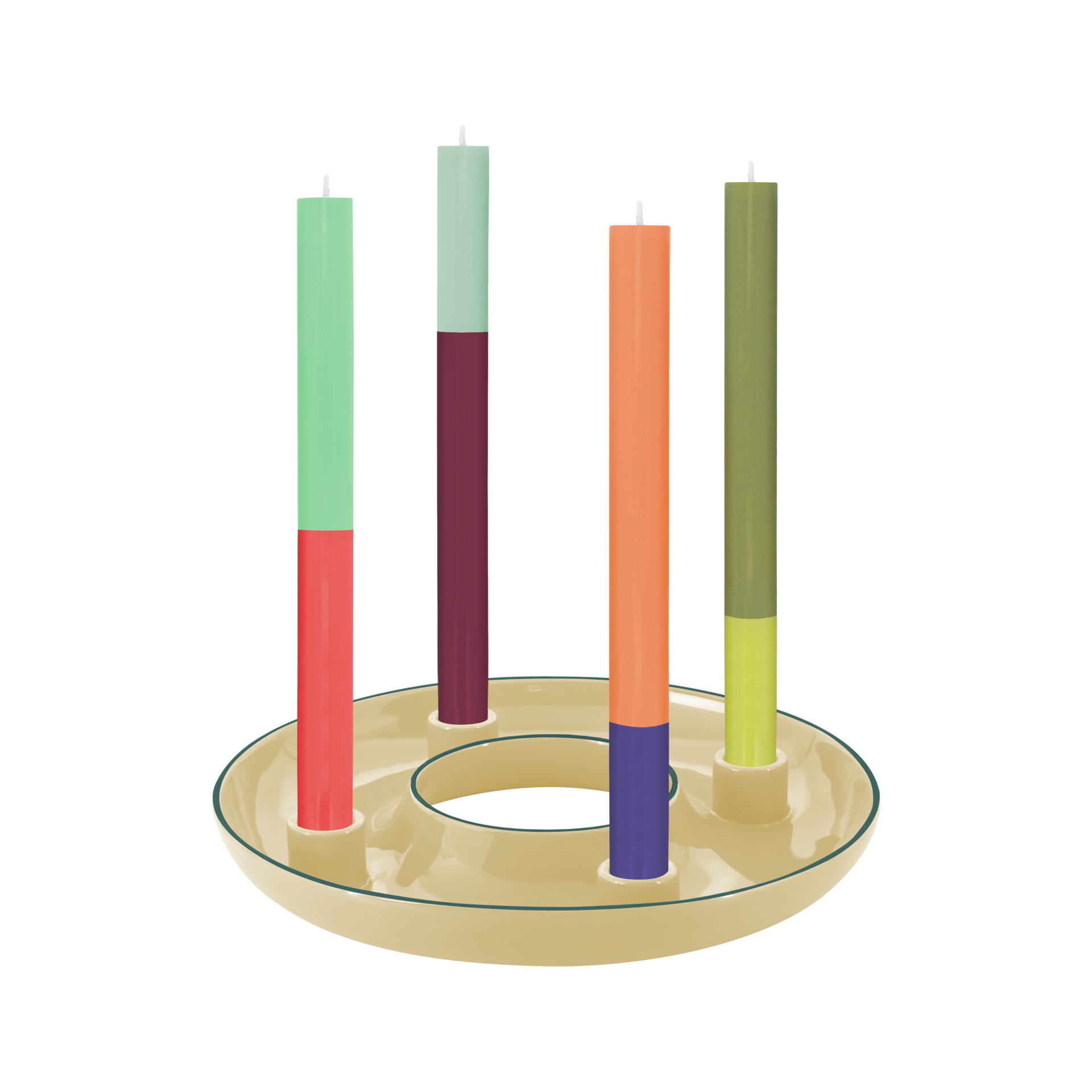 Coupelle à bougies ronde « Lucia » beige, en céramique dolomitique, avec 4 supports pour bougies cylindriques. 4 bougies bicolores : vert menthe-rouge, vert menthe-rouge foncé, orange-bleu, vert olive-vert citron vert. Décoration chaleureuse.