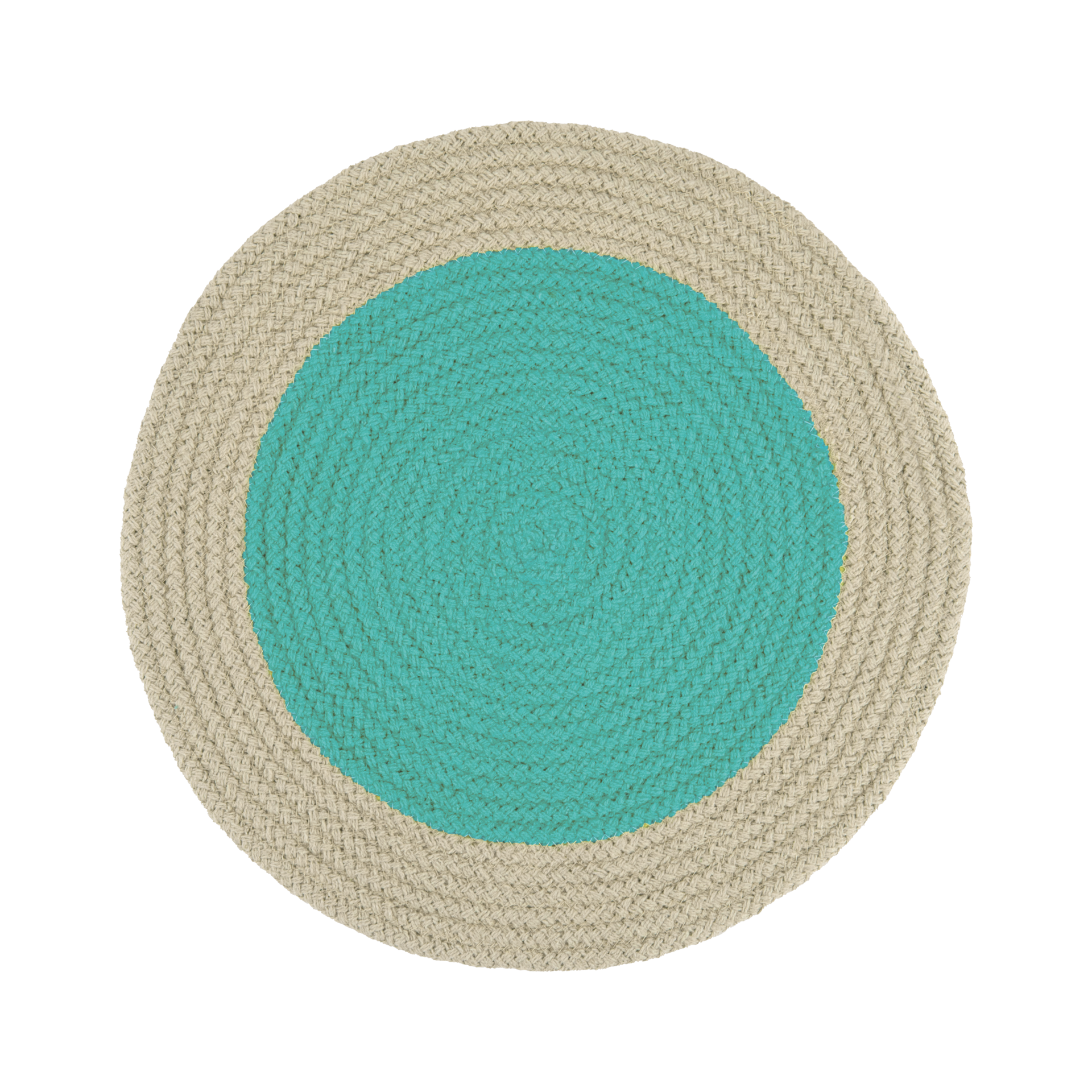 Rundes Tischset aus Baumwolle in Mint und Beige, geflochten. Das Set ist freigestellt und liegt auf einem weißen Hintergrund.