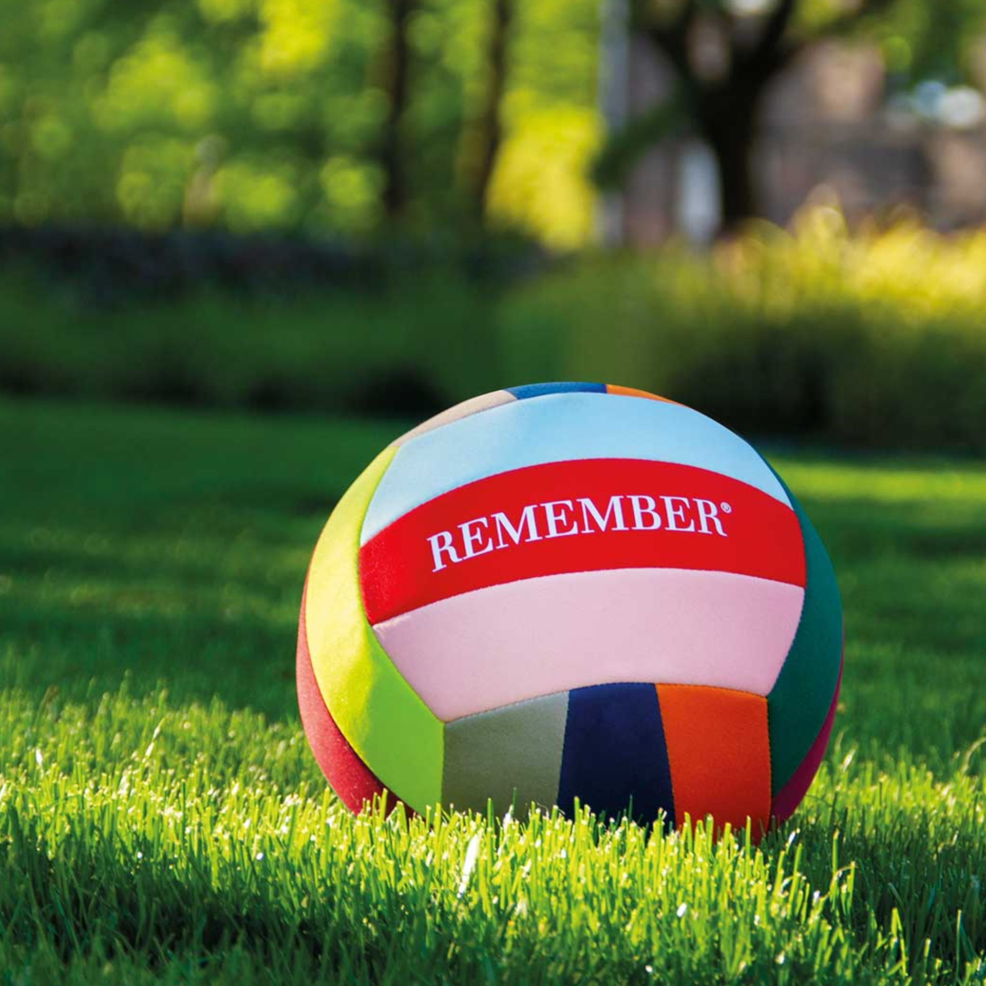 Ein bunter Freizeit-Ball liegt im grünen Gras. Auf dem Ball steht in Weiß "REMEMBER". Im Hintergrund sind Bäume zu sehen.