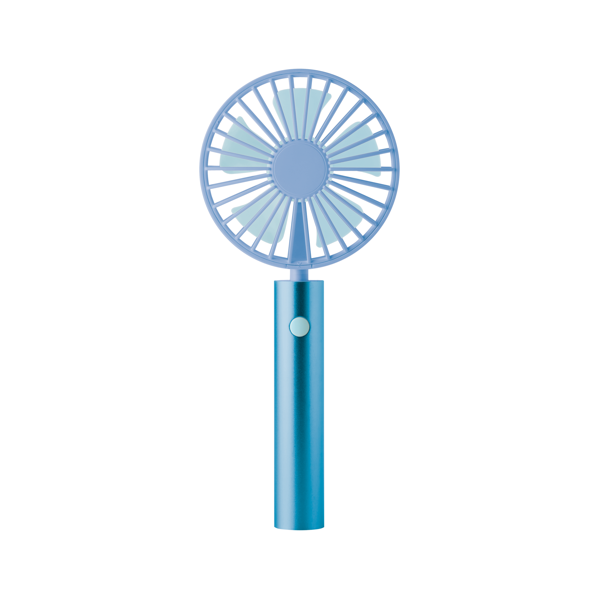 Un ventilatore portatile color acqua con testa girevole e una griglia rotonda che protegge le pale del rotore. L'impugnatura è cilindrica con un pulsante.