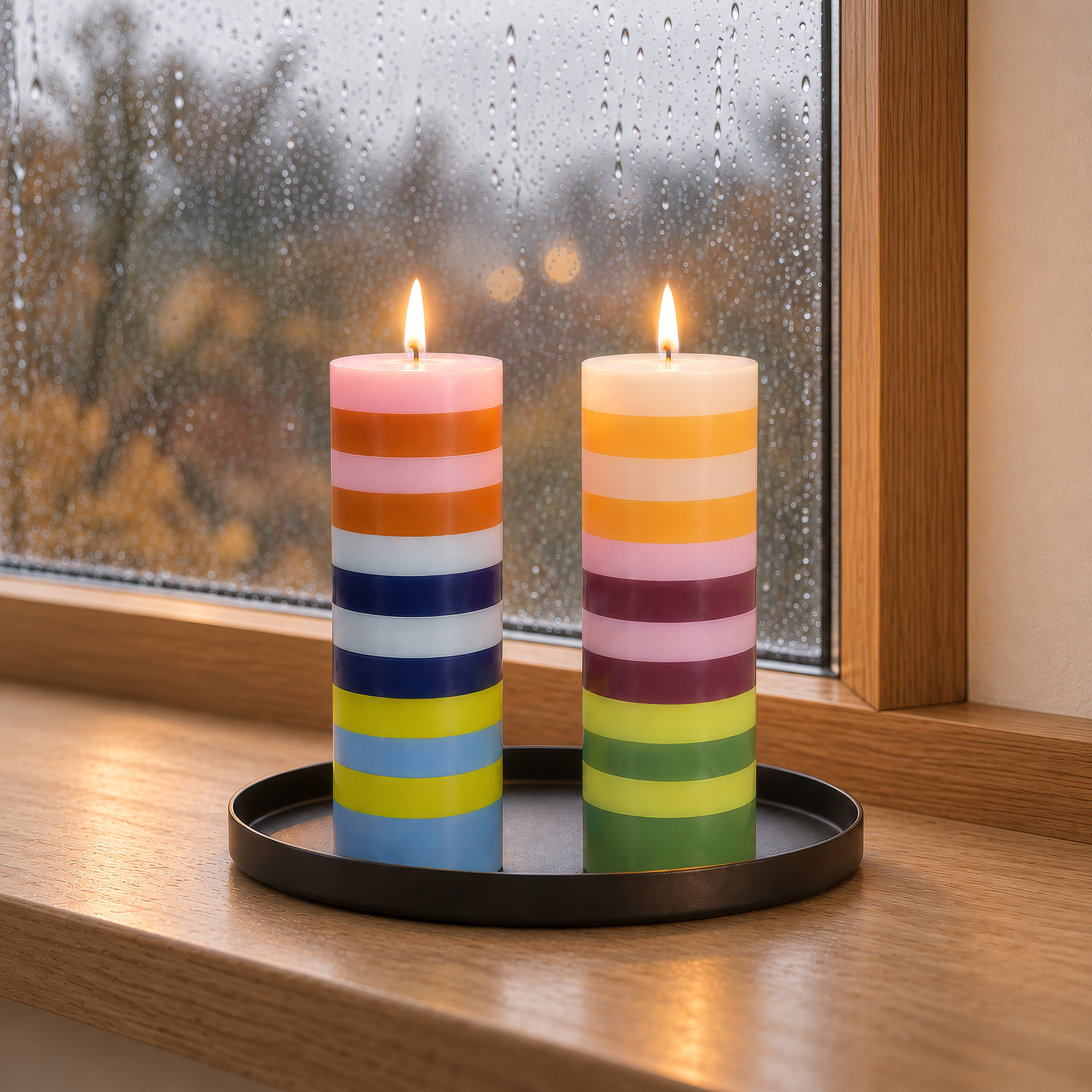 Due candele cilindriche multistrato affiancate. A sinistra: strisce orizzontali in rosa tenue, marrone ruggine, blu chiaro e scuro, giallo-verde. A destra: crema, arancione, rosa, rosso bordeaux, giallo-verde, verde scuro.