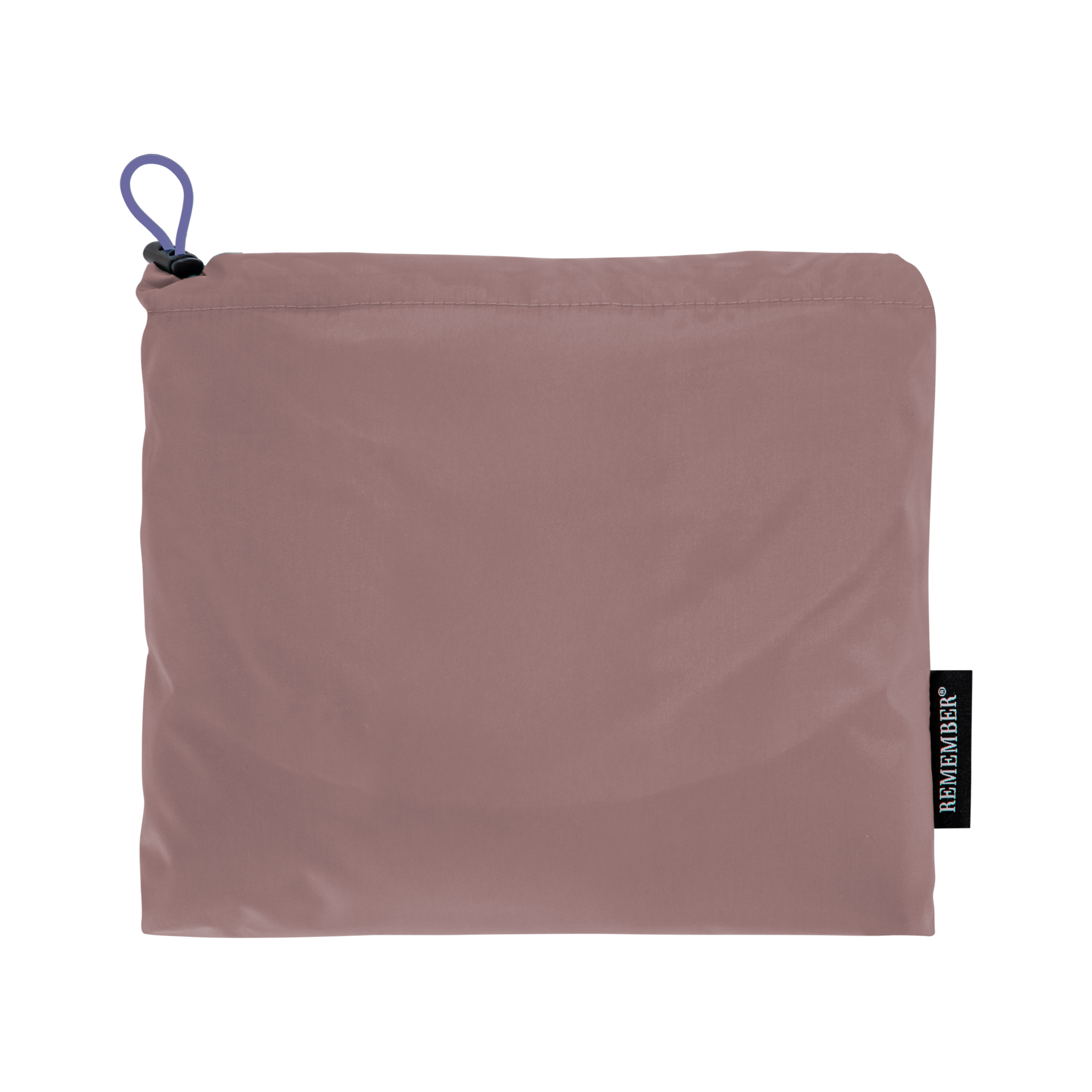 Ein kleines, rechteckiges, roséfarbenes Accessoire mit einem lilafarbenen Verschlussband und einem schwarzen Etikett mit dem Schriftzug "REMEMBER".