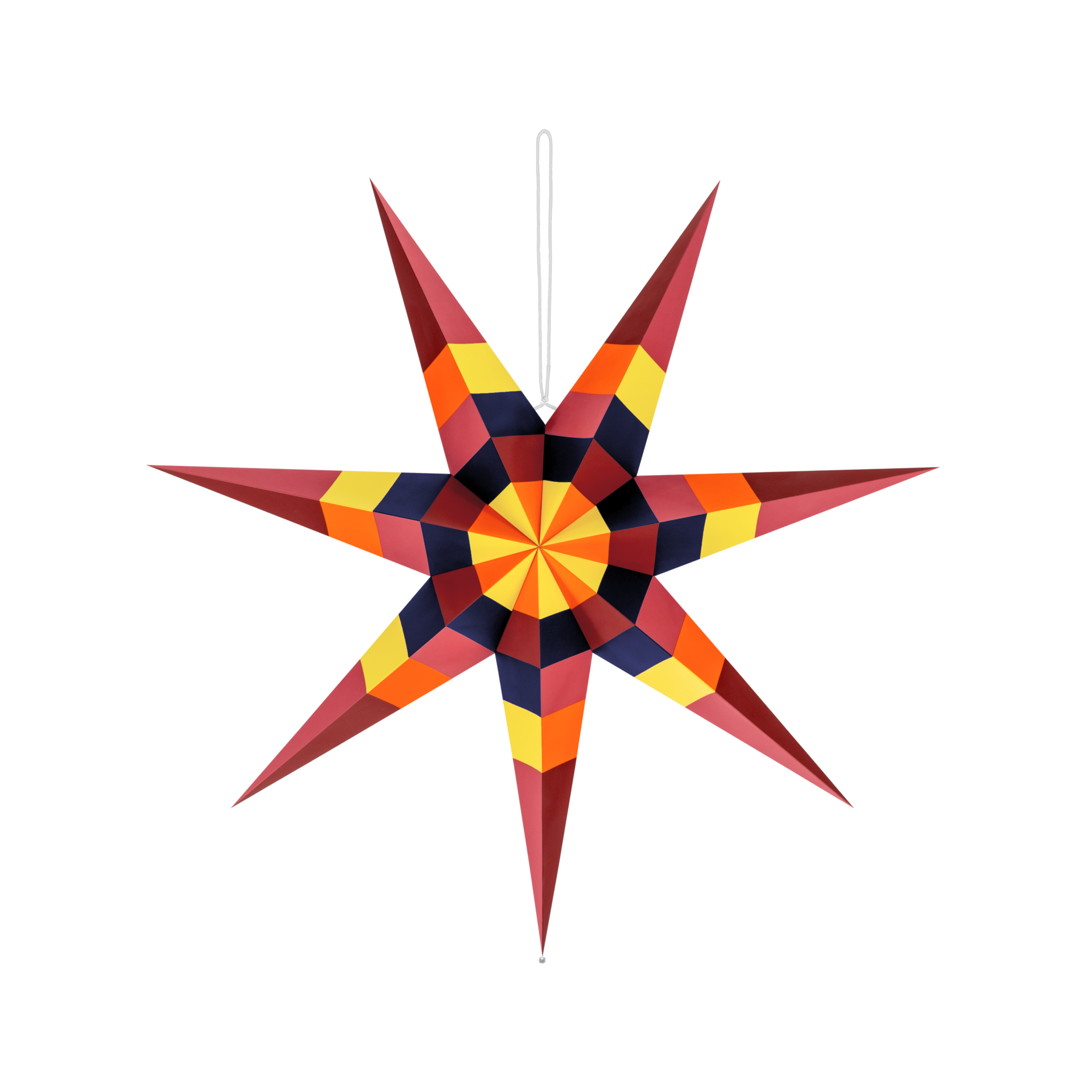 Farbenfroher Papierstern mit sieben zackigen Spitzen, Oberfläche aus vielen gefalteten geometrischen Flächen in Rot, Orange, Gelb, Dunkelblau und Rosa. Radiales Muster um die Mitte. Oben weiße Kordel, unten silberner Stopper.