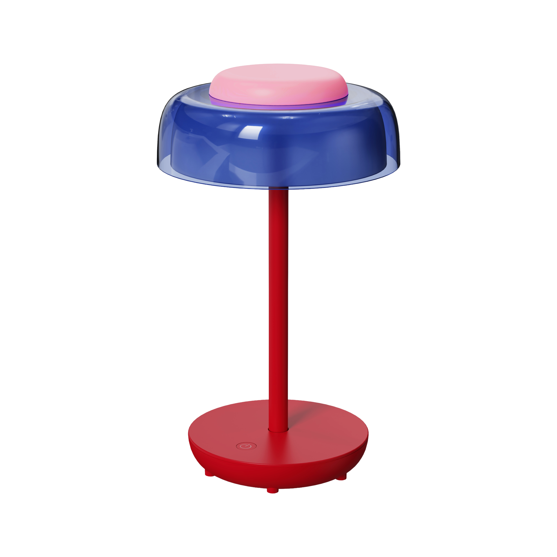 Lampada da tavolo senza fili Juno, con base e stelo in metallo rosso dalle linee slanciate. Paralume in plastica trasparente blu con comando touch rosa per regolare la luminosità. Sulla base il simbolo accensione/spegnimento.