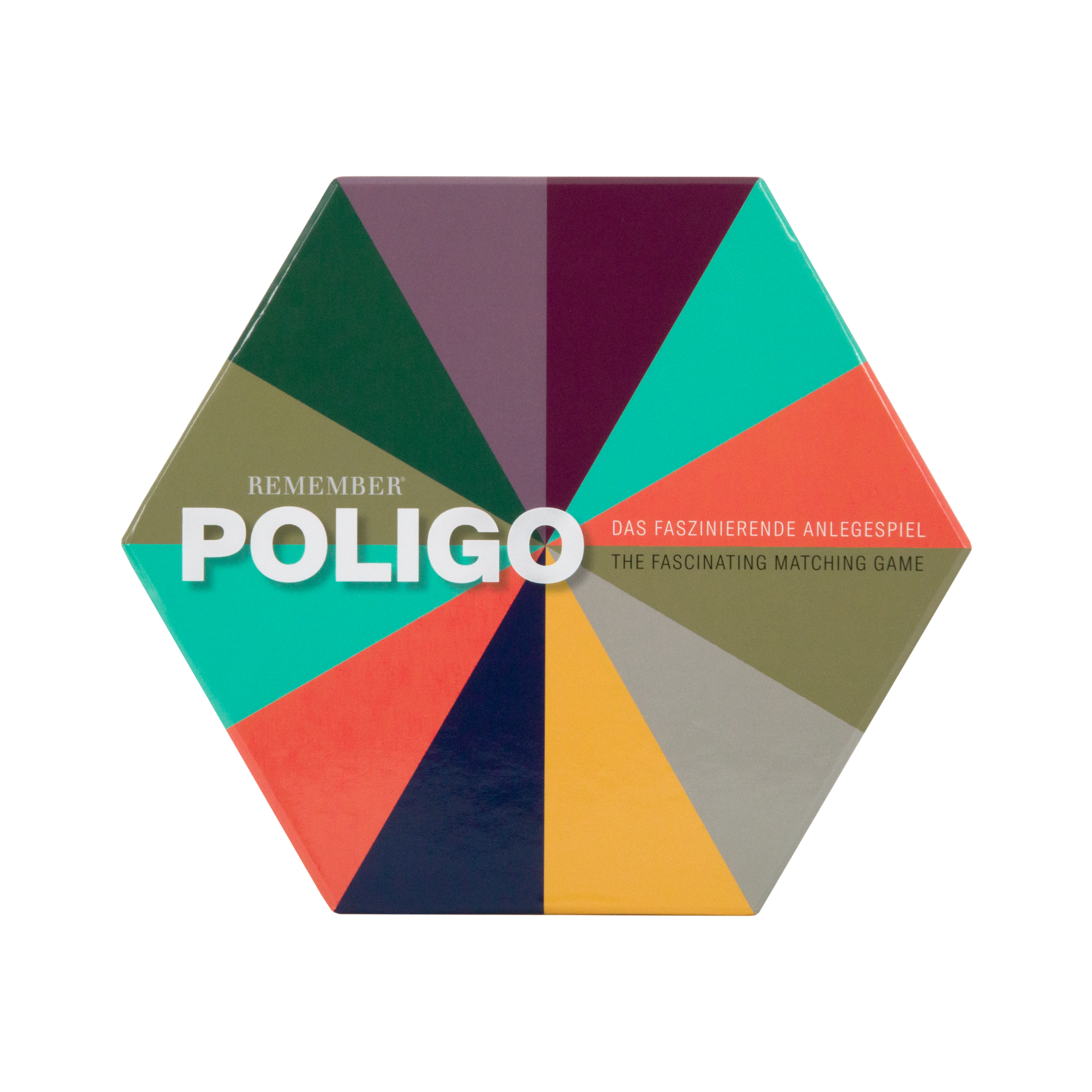 Sechseckige Spielschachtel von "Poligo" mit Farbrad. Das Spiel ist ein fesselndes Anlegespiel. Verschiedene Farben sind auf der Schachtel abgebildet.