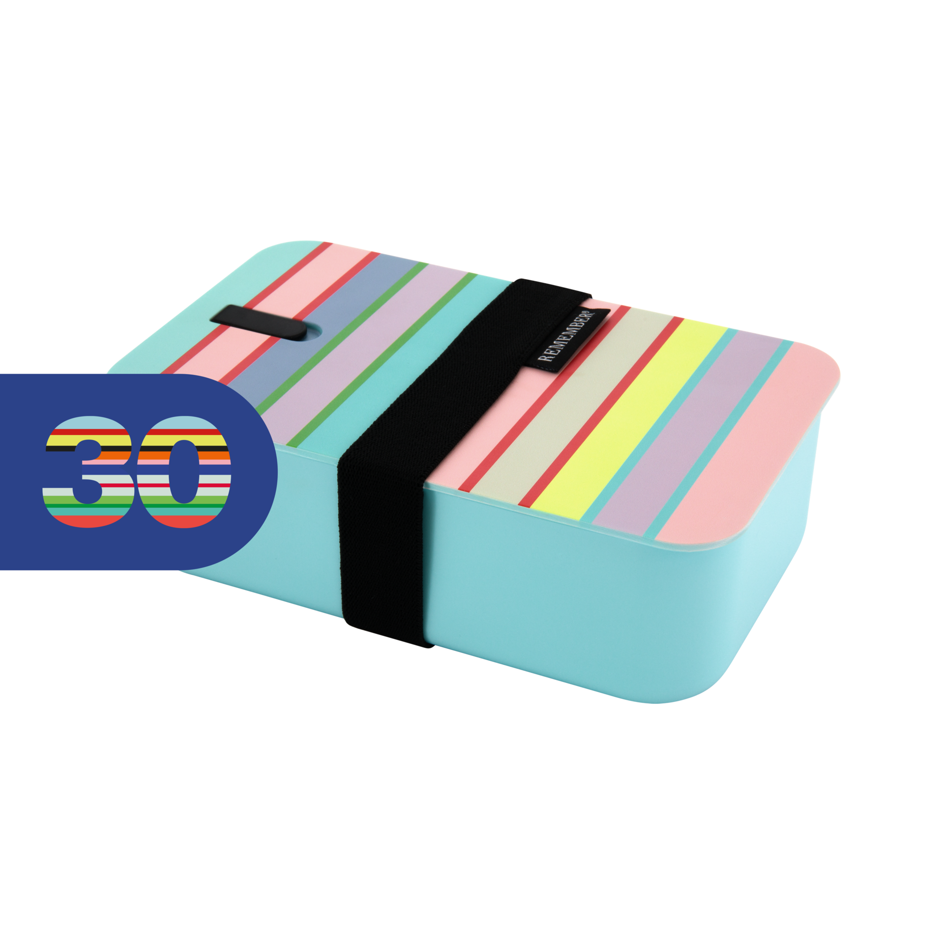 Hellblaue Lunchbox mit bunten Streifen auf dem Deckel, schwarzem Gummiband und Belüftungsschlitz. Das Markenlogo ist auf dem Band zu sehen.