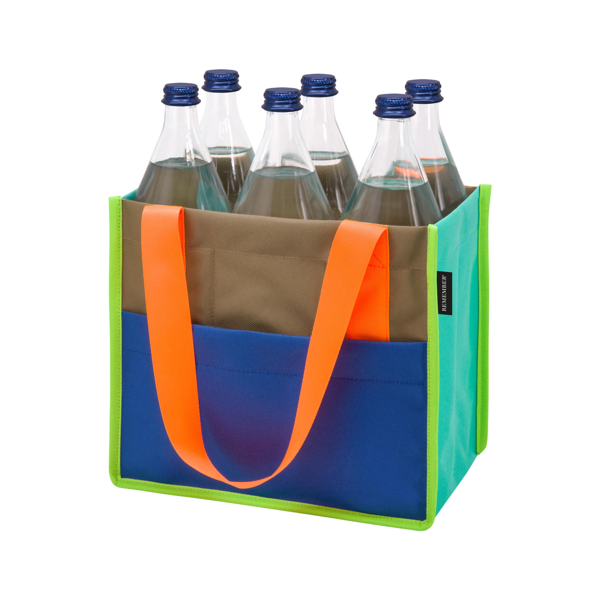 Mehrfarbige Flaschentasche mit sechs Glasflaschen. Die Tasche hat blaue, grüne und braune Segmente, sowie orangefarbene Tragegurte. Die Flaschen haben blaue Verschlüsse.