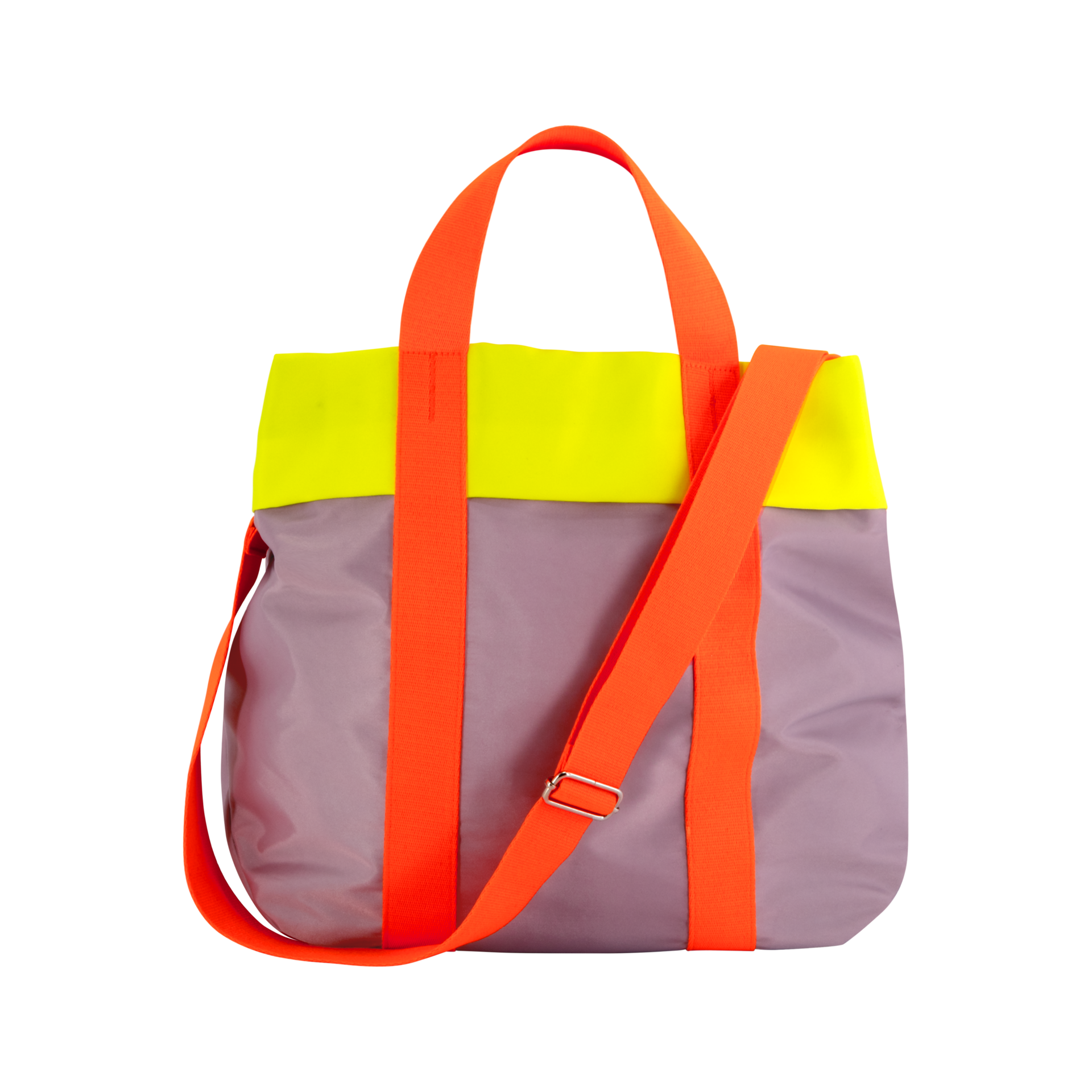 Sac de transport 'Nelly' de couleur lilas avec une partie supérieure jaune fluo. Sangles de transport orange et bandoulière réglable.