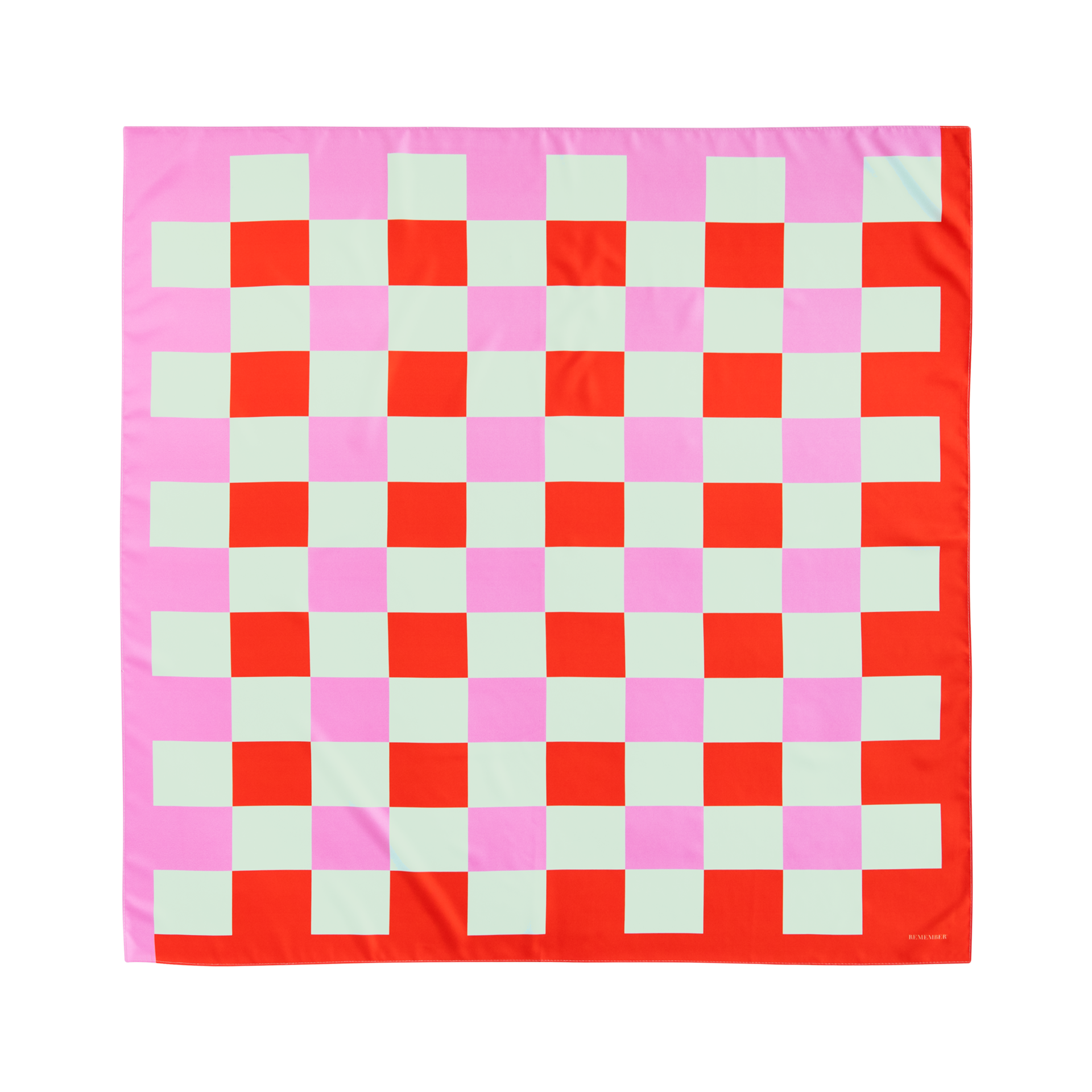 Quadratisches Halstuch 'Juliette' mit Schachbrettmuster in Pink, Rot und Mint auf weißem Hintergrund.