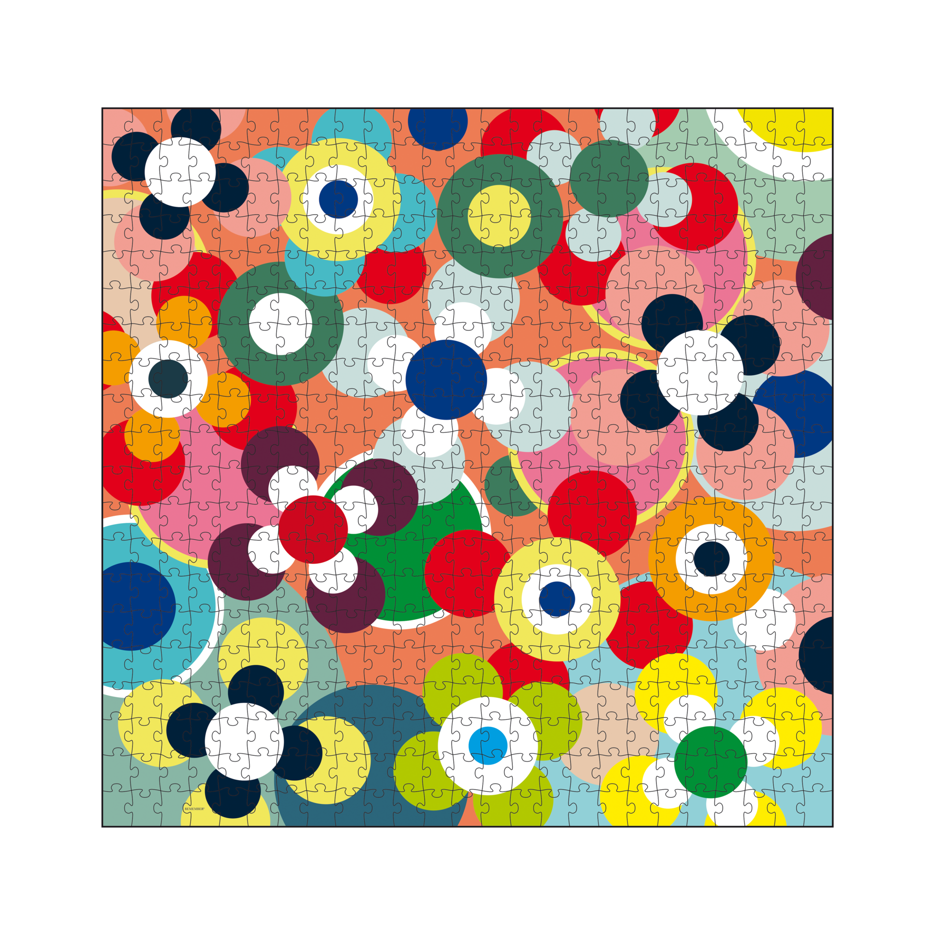Ein Puzzle mit bunten, sich überlappenden Kreisen und Blütenformen in Rot, Blau, Gelb, Grün, Weiß und Schwarz auf hellem Grund.