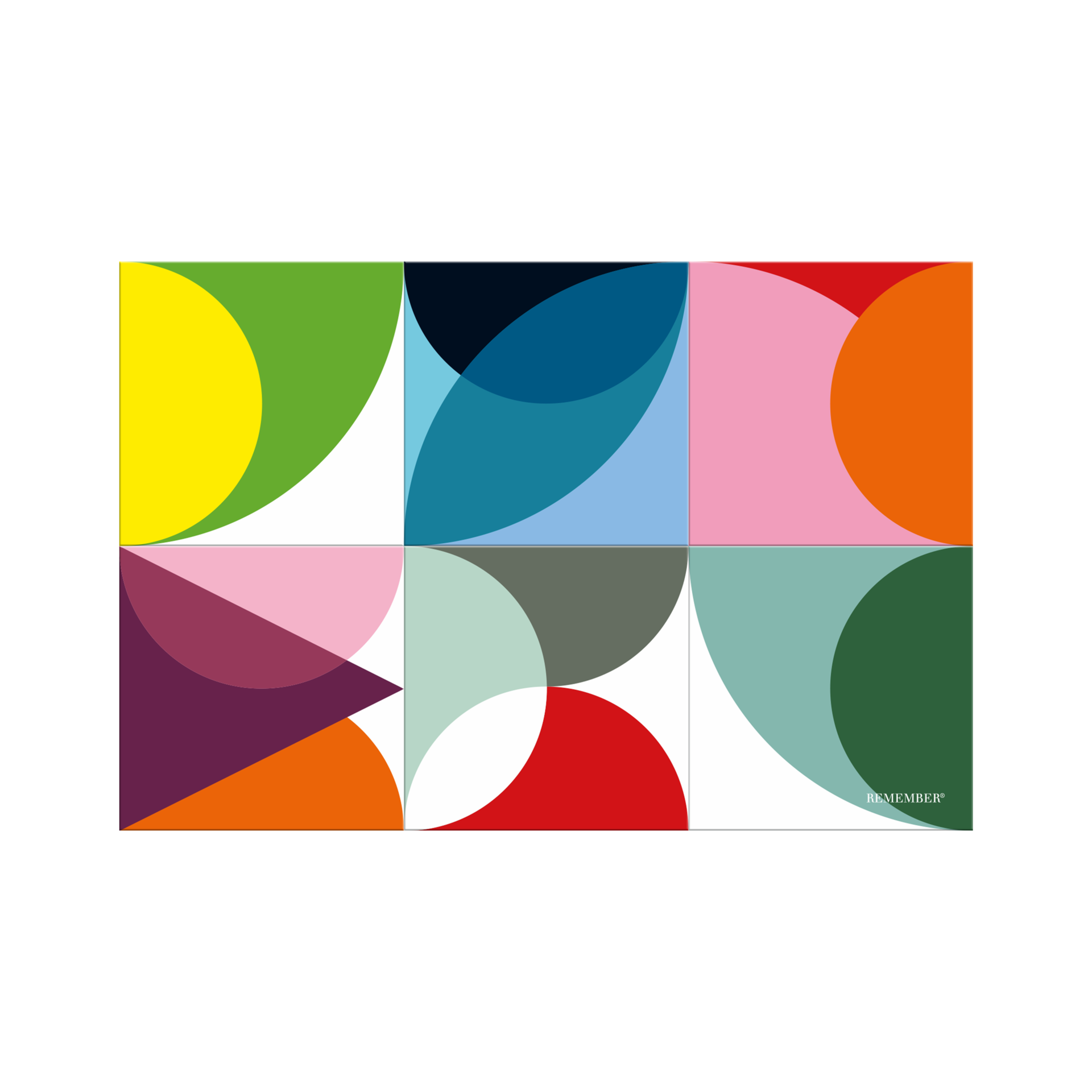 Six aimants de réfrigérateur Solena souples et carrés sont disposés en quinconce sur fond blanc. Chaque plaquette affiche un motif géométrique coloré (jaune, vert, bleu, rose, violet, orange, rouge, gris) ; l'une est noire, une porte «REMEMBER ».