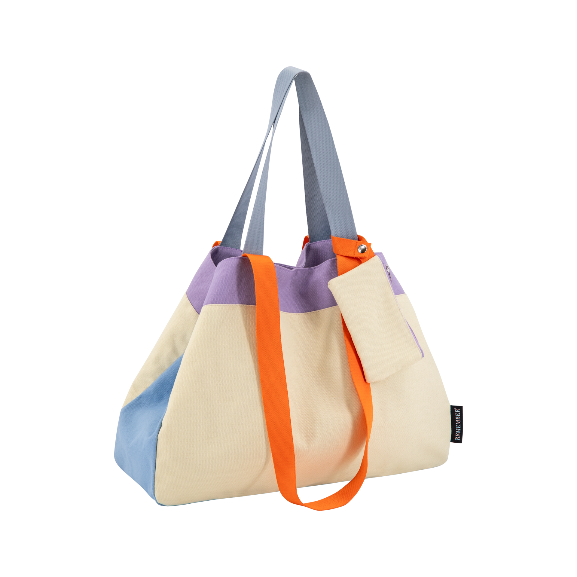 Eine Canvas Tasche 'Toni' in Beige, Blau und Lila mit orangenen Akzenten. Sie hat graue Träger und eine abnehmbare, beige Pouch.