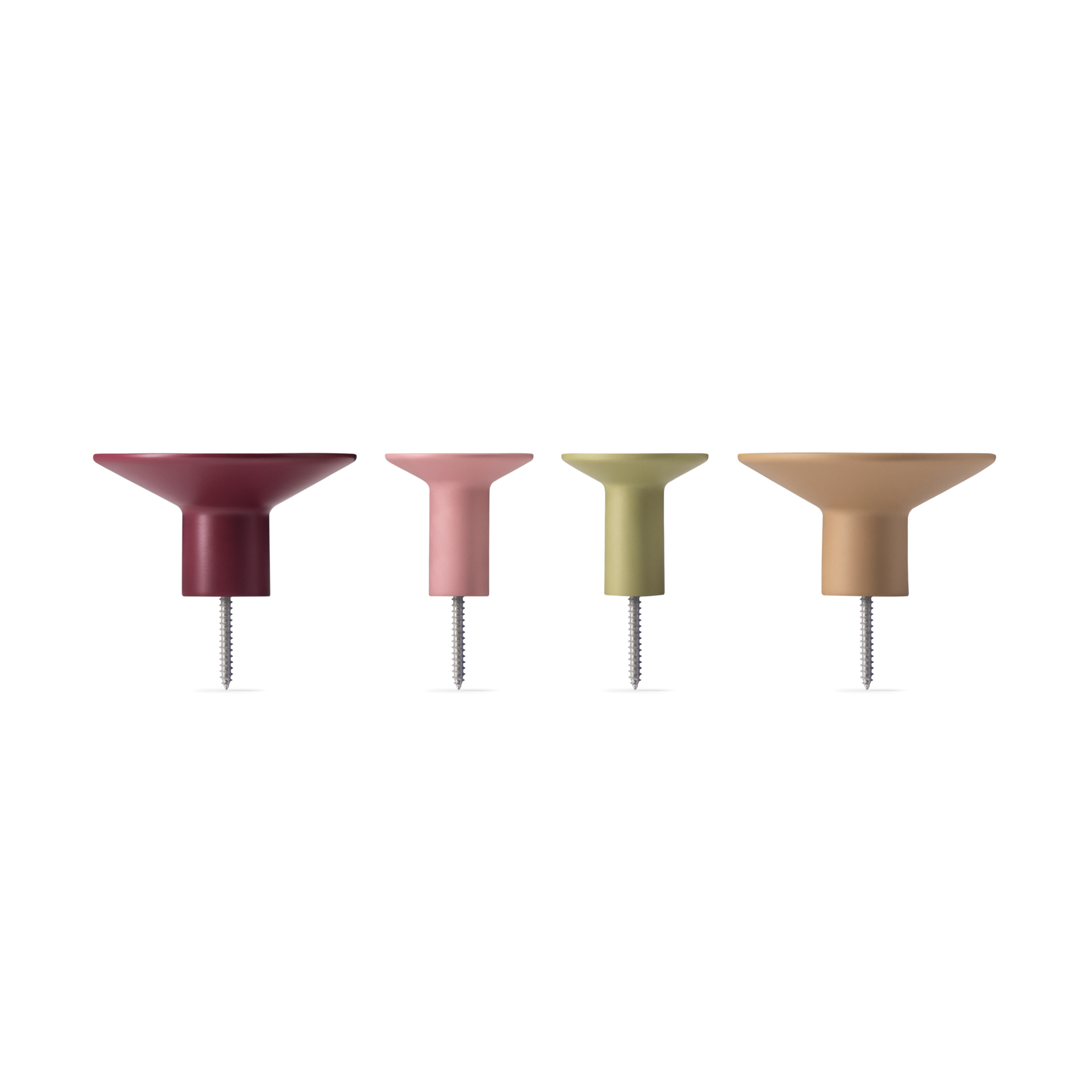 Vier farbige Wandhaken in Bordeaux, Rosa, Olivgrün und Beige, jeweils mit Schraube, stehen nebeneinander vor einem weißen Hintergrund.