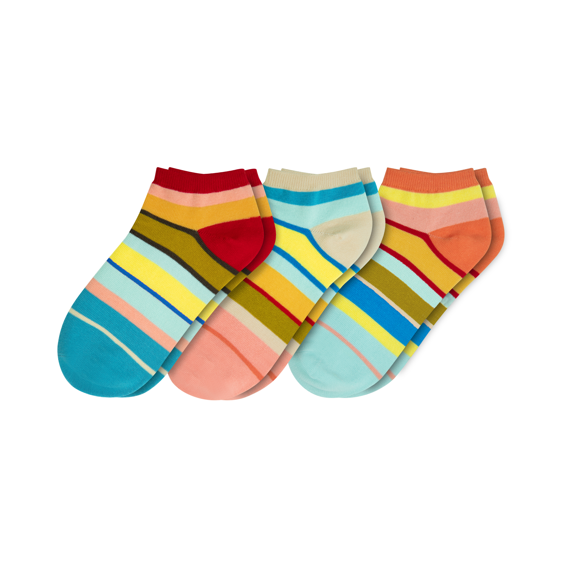 Drei farbenfrohe Sneakersocken mit Streifenmuster, Größe 36-41, im Bundle auf weißem Grund.