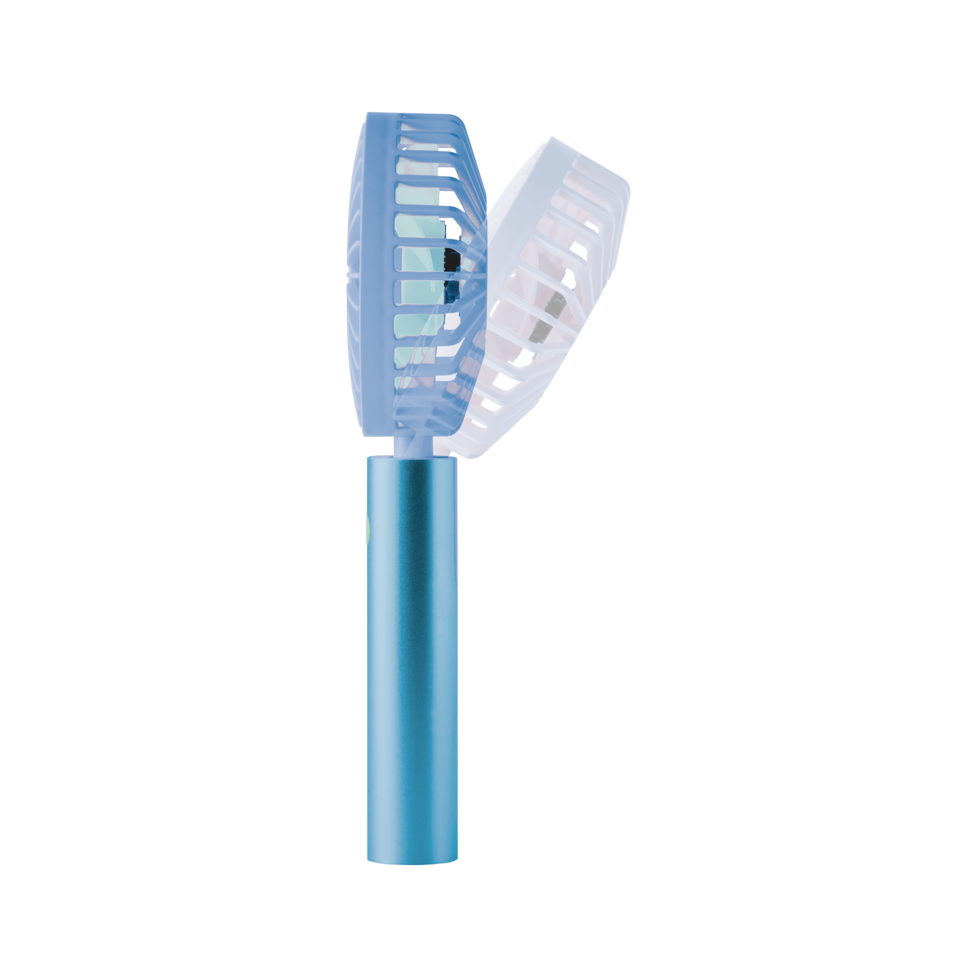 Ventilatore ricaricabile Flow, di colore acquatico, con testa girevole. La griglia del ventilatore è blu, l'impugnatura è di forma cilindrica.