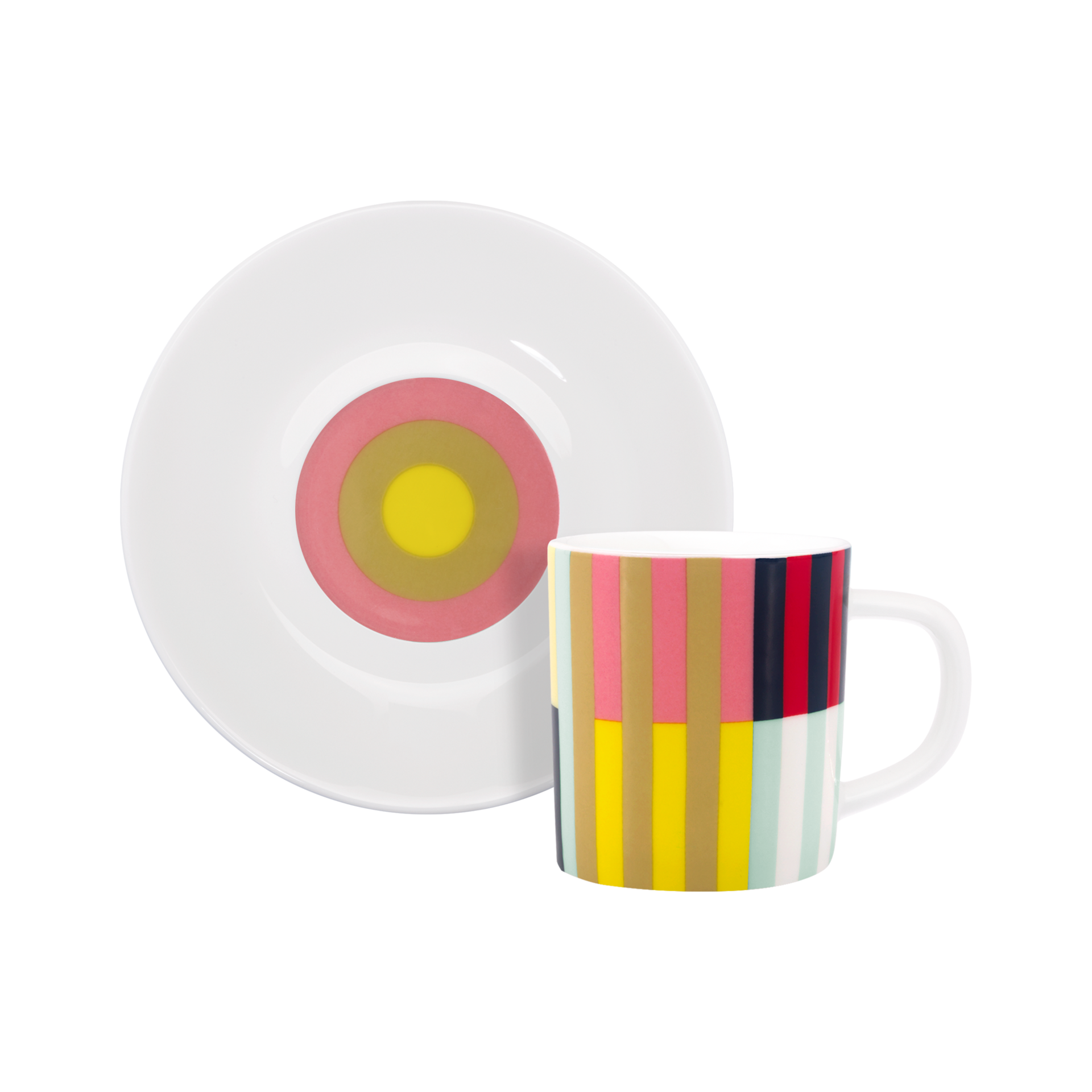 Espressotasse Havanna mit Unterteller. Die Tasse ist mit farbigen Streifen verziert. Der Unterteller hat ein konzentrisches Kreismuster.